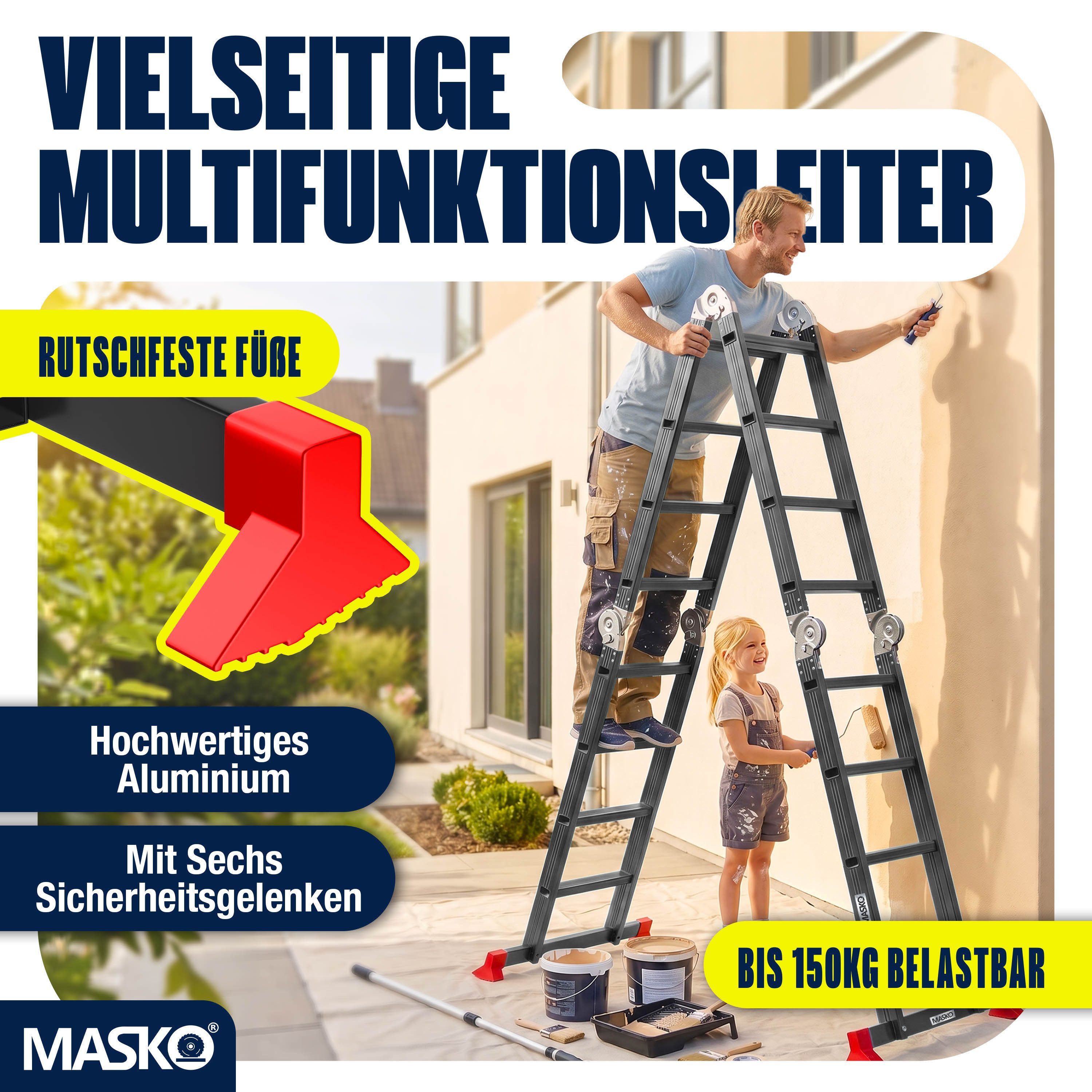 MASKO Vielzweckleiter Aluminium 6in1 Mehrzweckleiter 4x4 Stufen, 470cm, bis 150kg belastbar, multifunktionale Gelenkleiter, Anlegeleiter, Steh- & Treppenleiter
