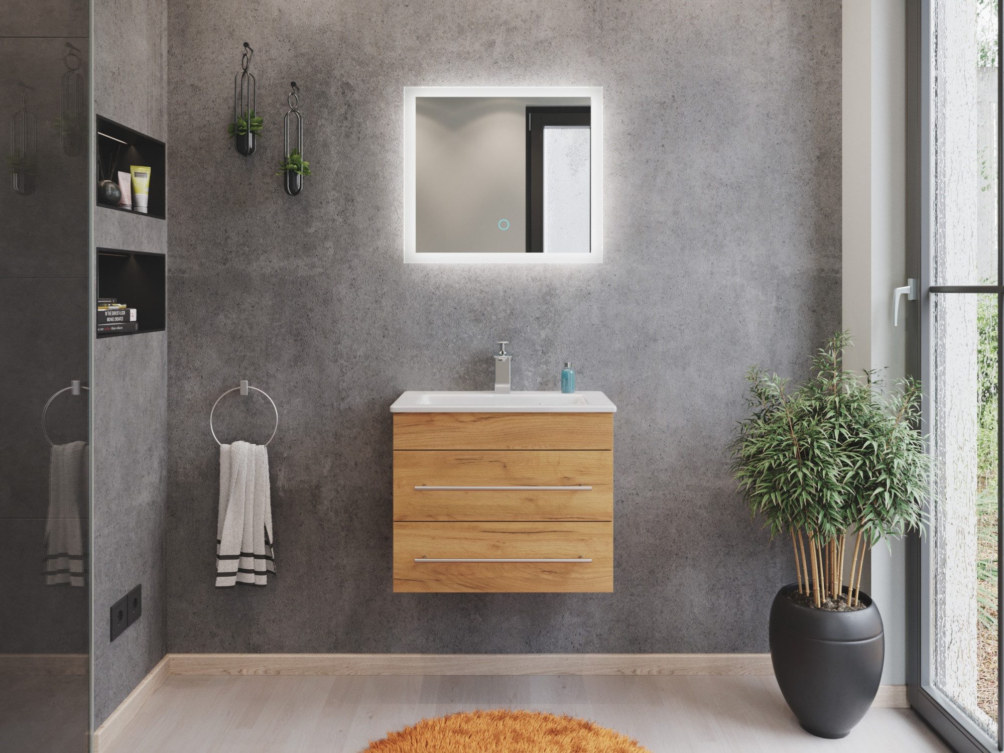 Magnolia Home Badmöbel-Set Badmöbel Mars 600 2-teilig mit LED Spiegel SlimLine eiche gold