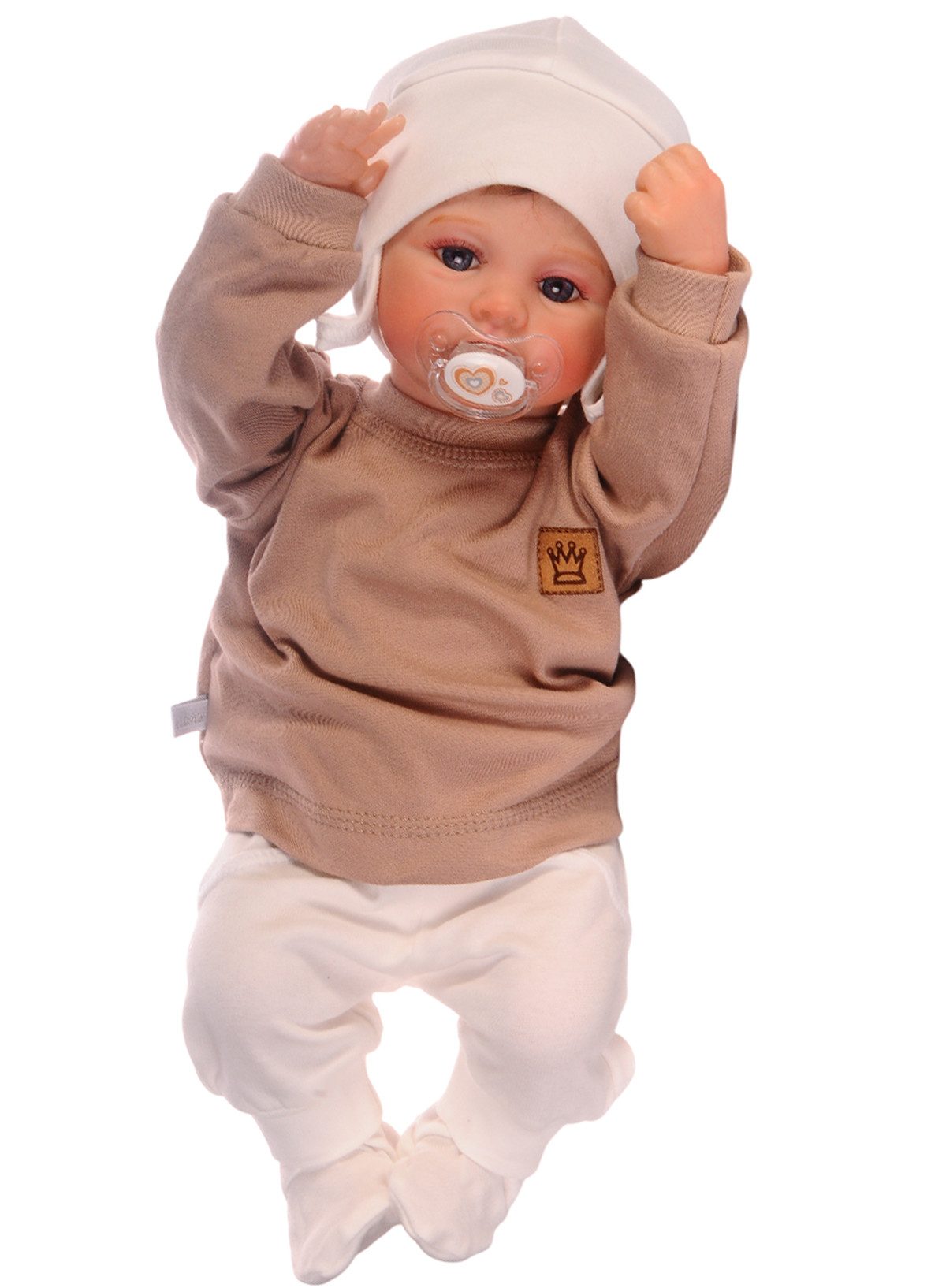 Langarmshirt & Hose Baby Anzug 3tlg Erstlingsset Hose Shirt Mütze in beige creme