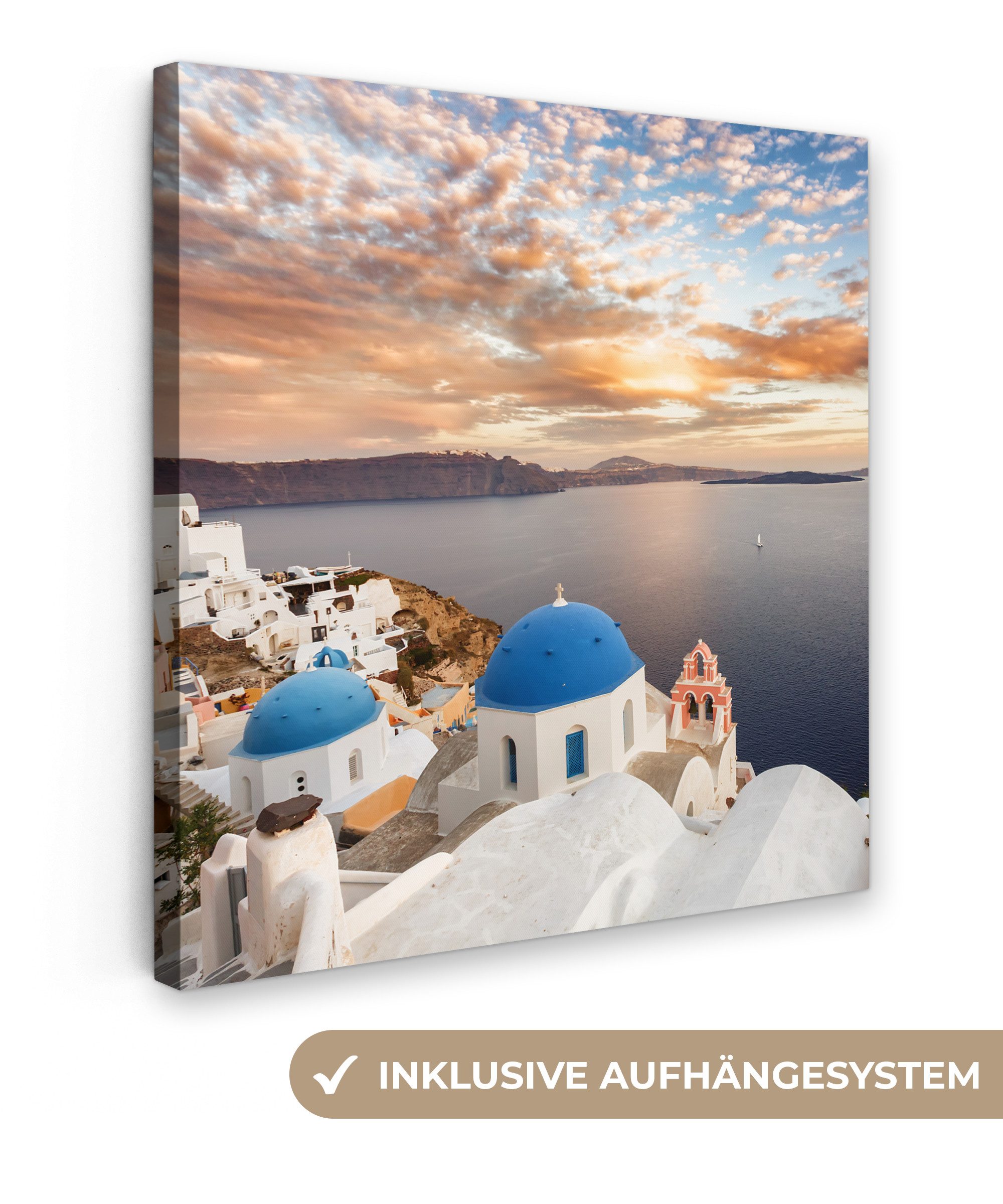 OneMillionCanvasses® Leinwandbild Sonnenaufgang über dem Wasser in Oia Griechenland, Fotodruck (1 St), Wandbild, Deko Schlafzimmer Wohnzimmer Flur 20x20 cm