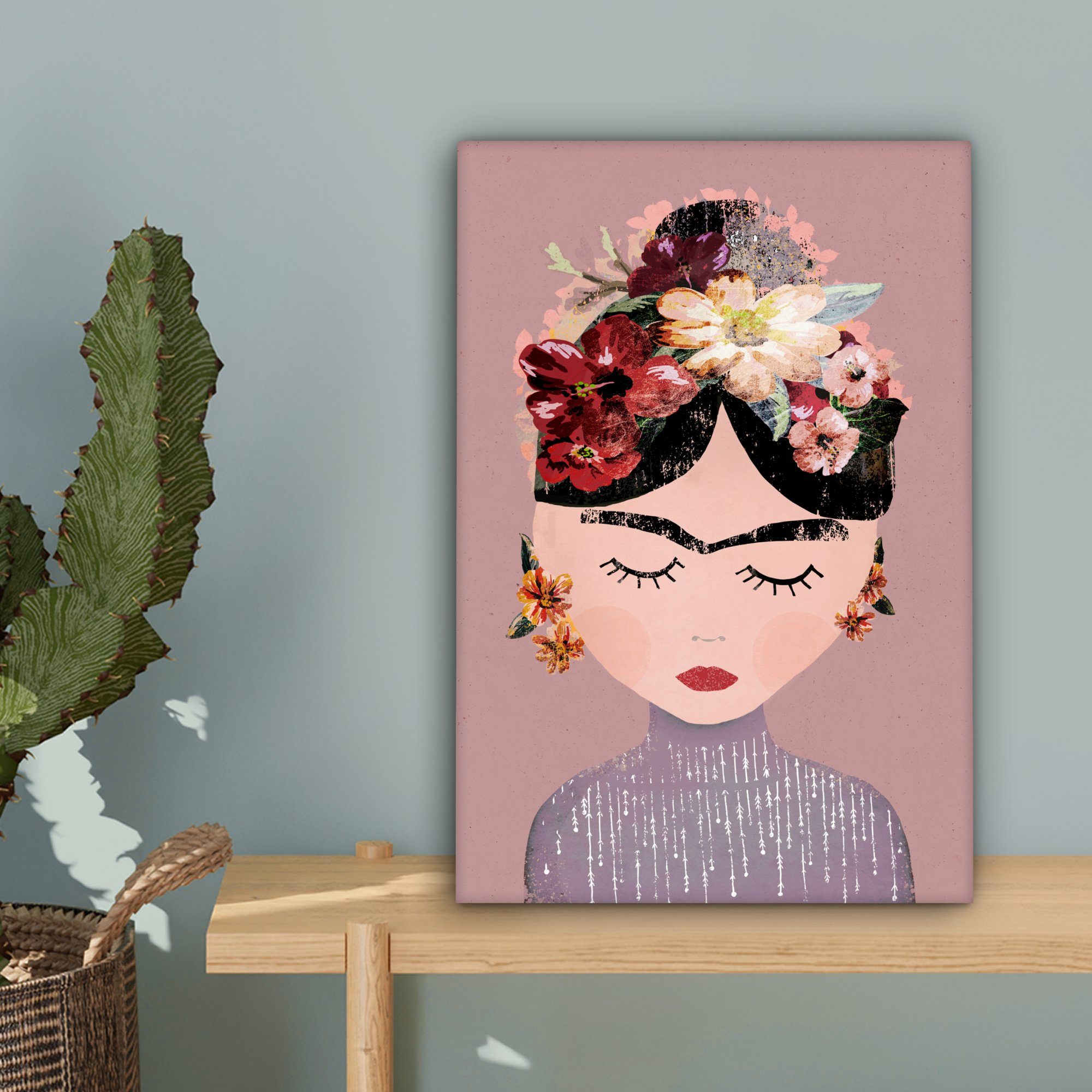 OneMillionCanvasses® Leinwandbild Pastell - Frau - Blumen - Kunst - Frida Kahlo, Fotodruck (1 St), Leinwand Canvas Wandbild, Wanddekoration 20x30 cm – Bild 3 von 5