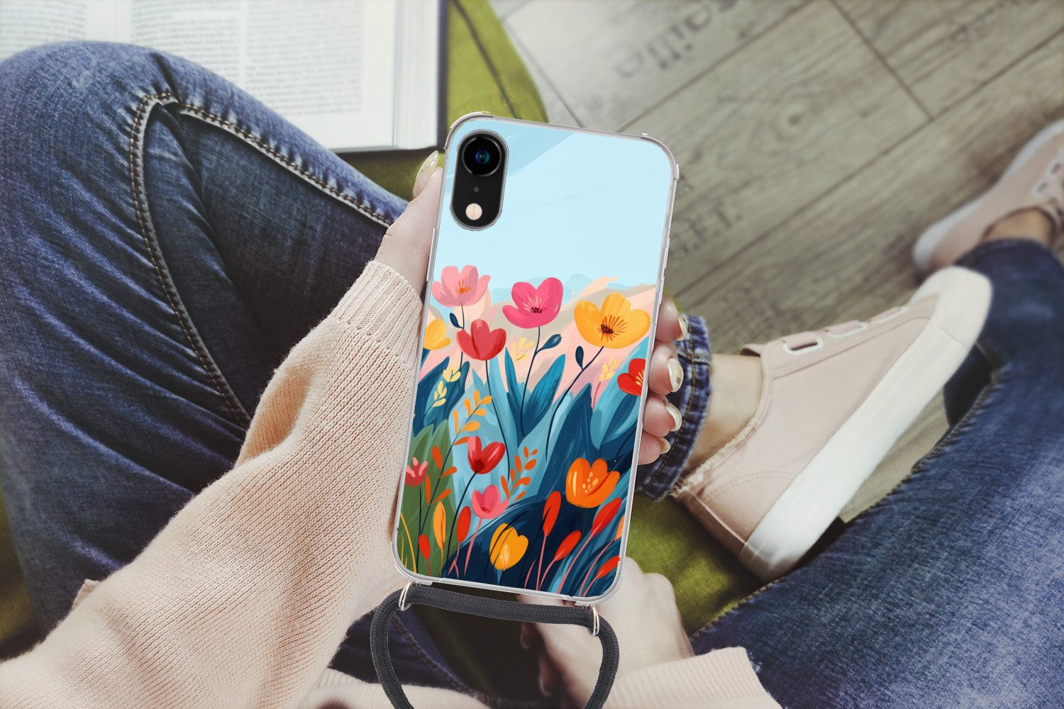 MuchoWow Handyhülle für Apple iPhone XR Illustration - Blumen - Farbenfroh, Tragbare Handyhüllen mit Kette zum umhängen, Handykette Handyband