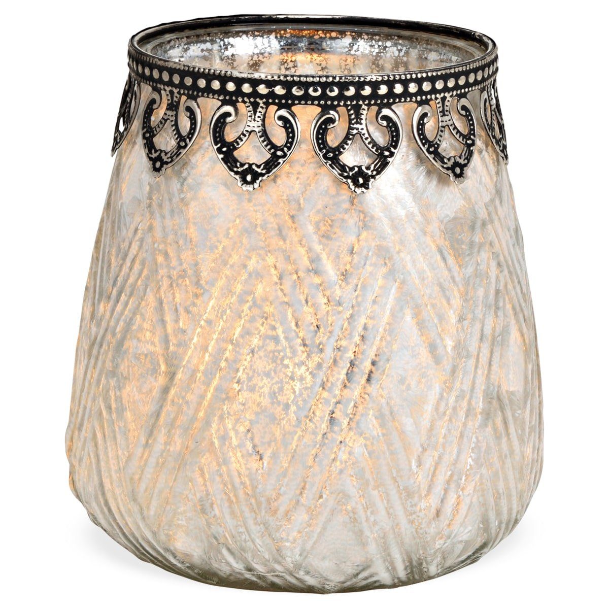 matches21 HOME & HOBBY Kerzenständer Windlicht aus Glas in weiß mit Metall Dekor in ø 13x14 cm