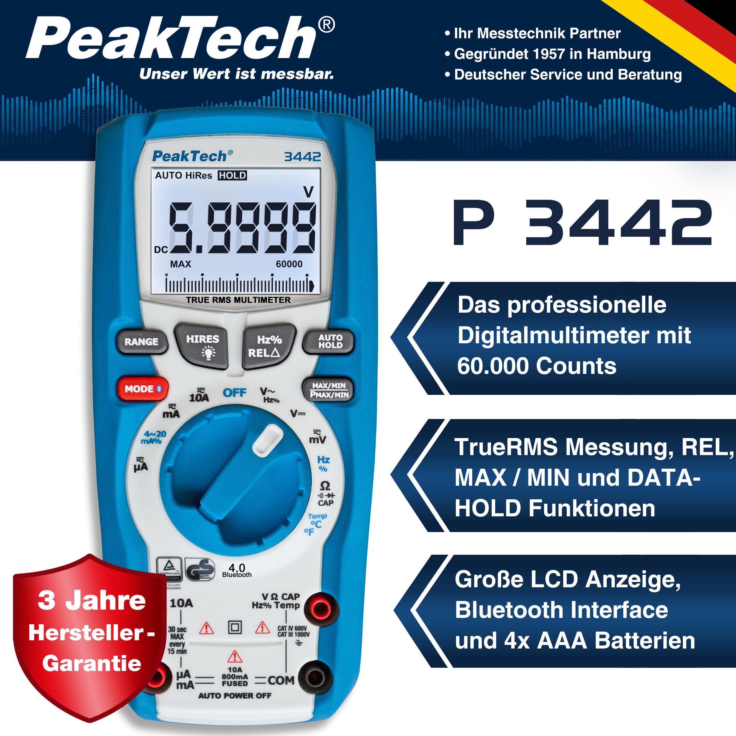 PeakTech Multimeter CAT III 1000V TRMS Digitalmultimeter 60000 Counts