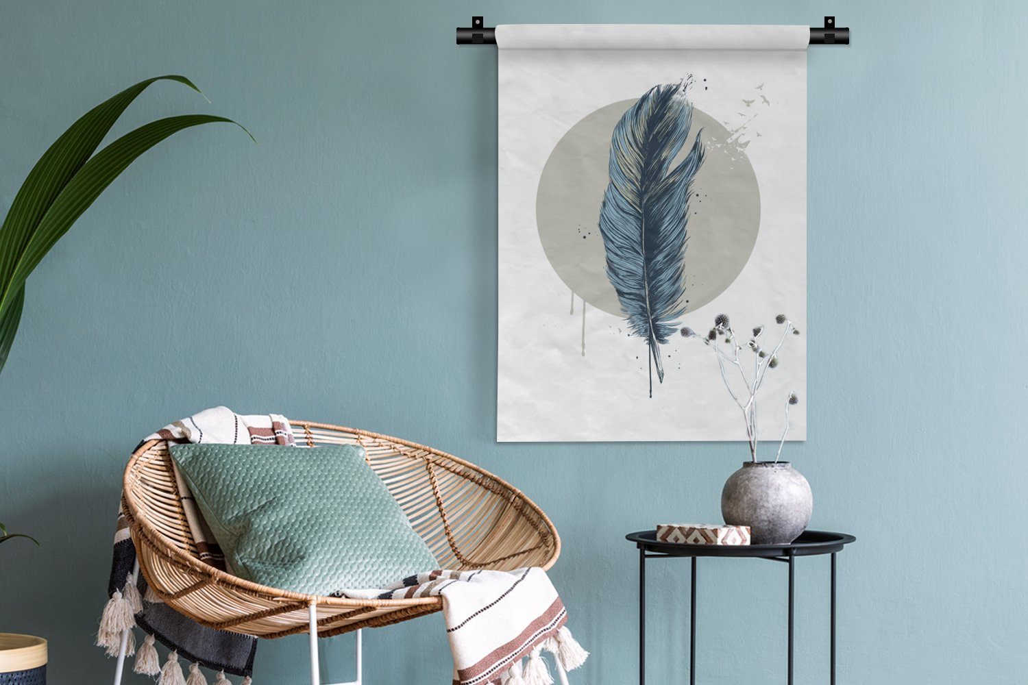 Deko Weiß, Vögel Feder Tapisserie, MuchoWow Schlafzimmer - an Wanddekoobjekt Wohnzimmer, - der für - Wand, Mond