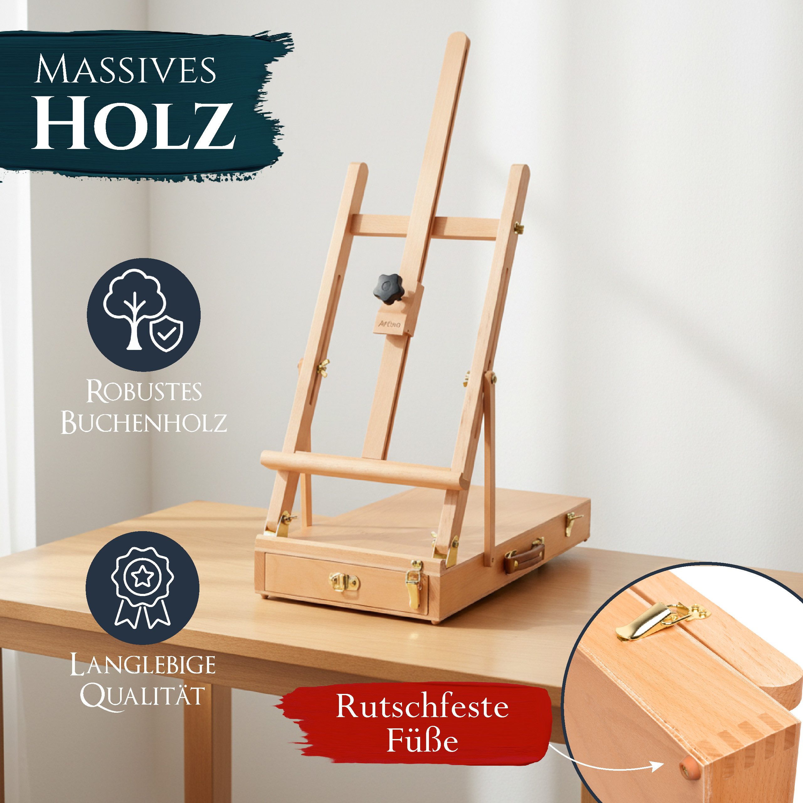 Artina Staffelei Kofferstaffelei Tischstaffelei für Keilrahmen bis 56 Le Mans, Zeichenbrett mit Schublade, Holzstaffelei Buche Malkoffer