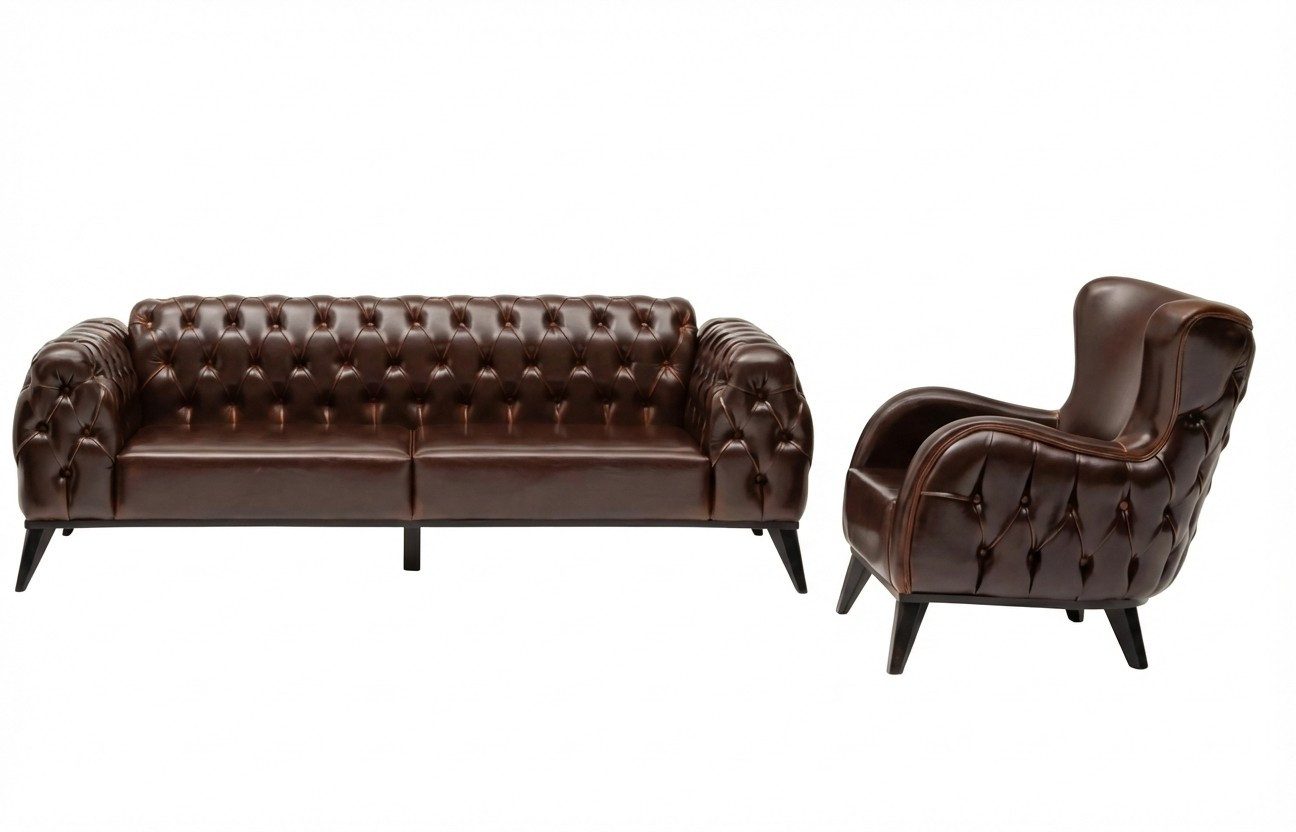 JVmoebel Chesterfield-Sofa Zeitloses Chesterfield Sofa Set 3+1 in Braun - Kunstleder, Polyester, 2 Teile, Made in Europe