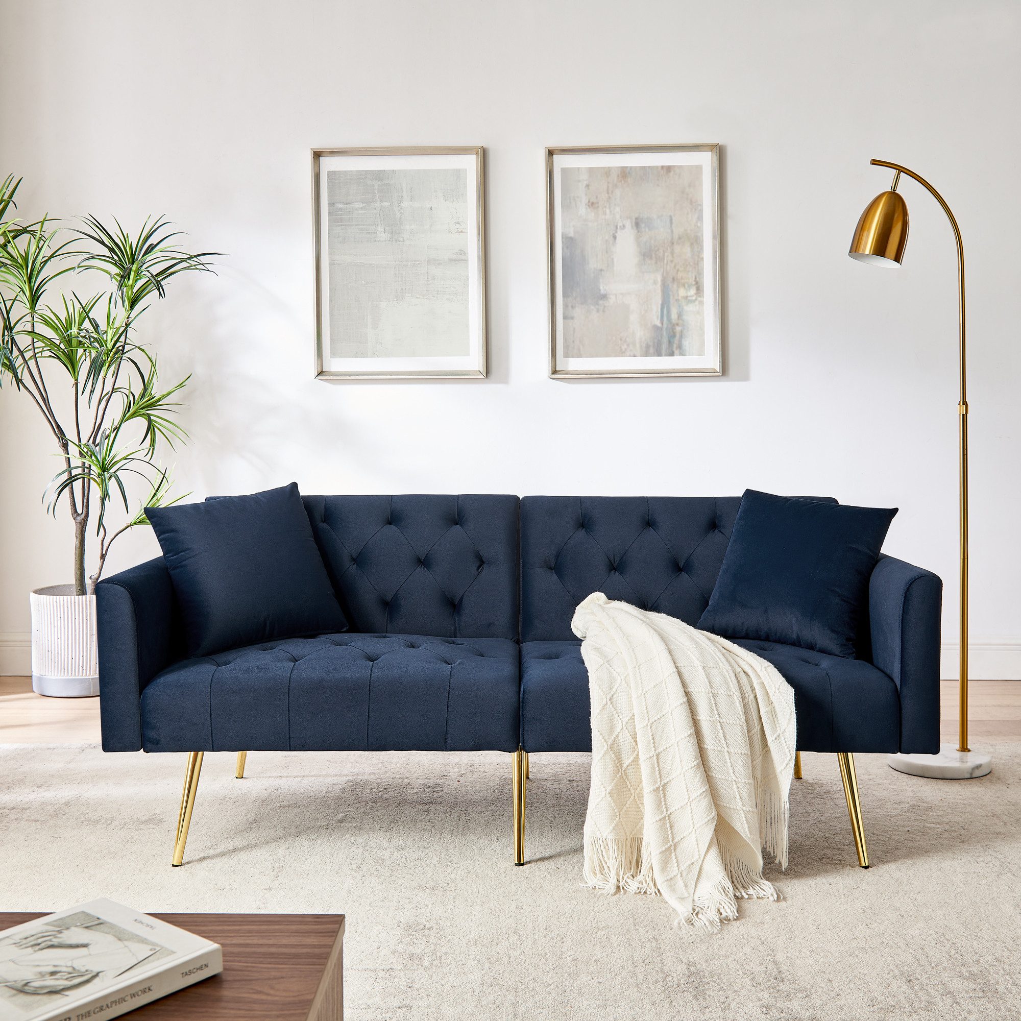 Celya Sofa 3-stufige verstellbare Rückenlehne, mit 2 beigelegte Kissen, stabile Metallbeine, Ideal für Wohnzimmer, Mietwohnung, kleines Apartment