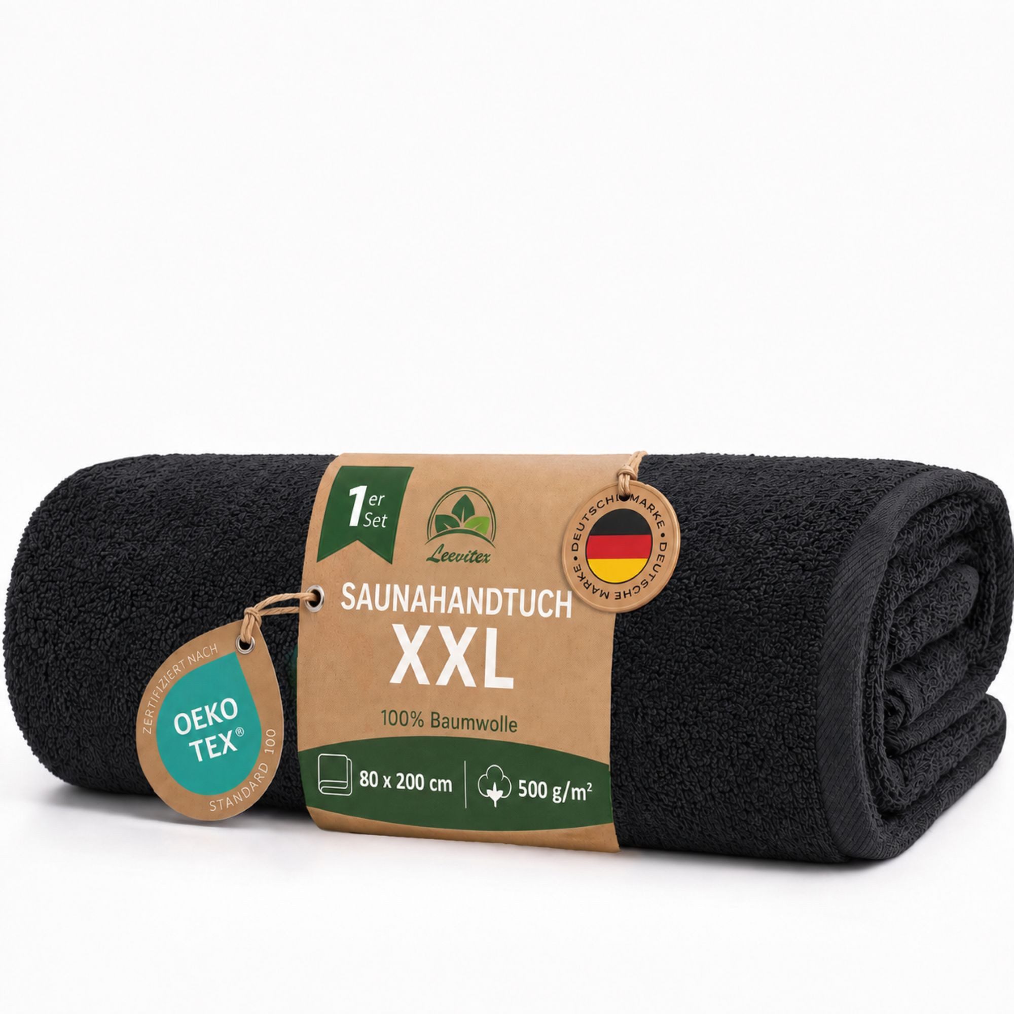 leevitex® Saunatuch, 80x200 cm, 100% Baumwolle, saugstark und fusselfrei, Frottee (1-St), OEKO-TEX® STANDARD 100 zertifiziert, gestreifte Bordüre