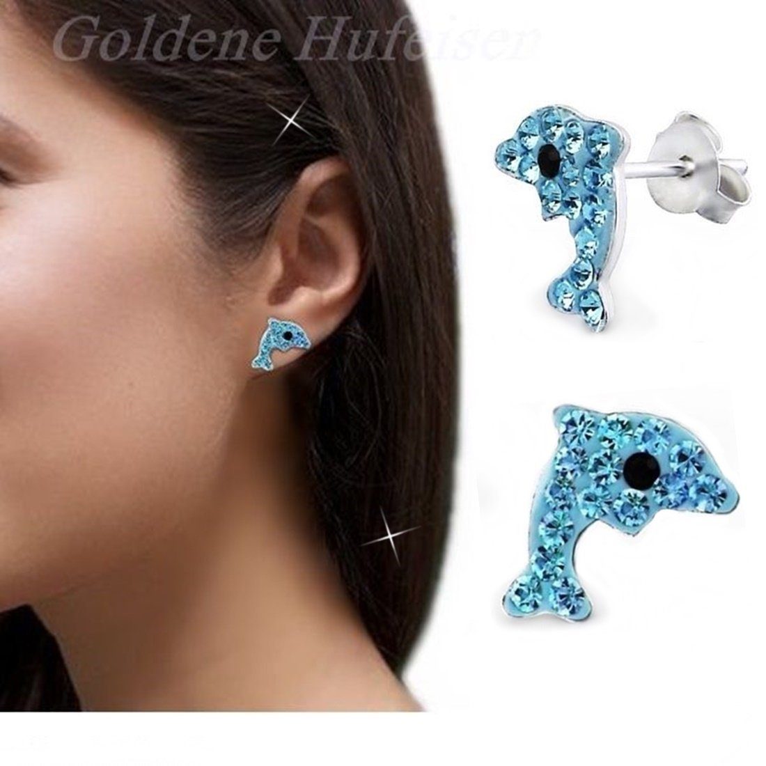 Goldene Hufeisen Schmuckset Kristall Delfin Set Anhänger 38cm Kette Ohrstecker 925 Silber (4-tlg, inkl. Etui), Mädchen Kinder Geschenkset