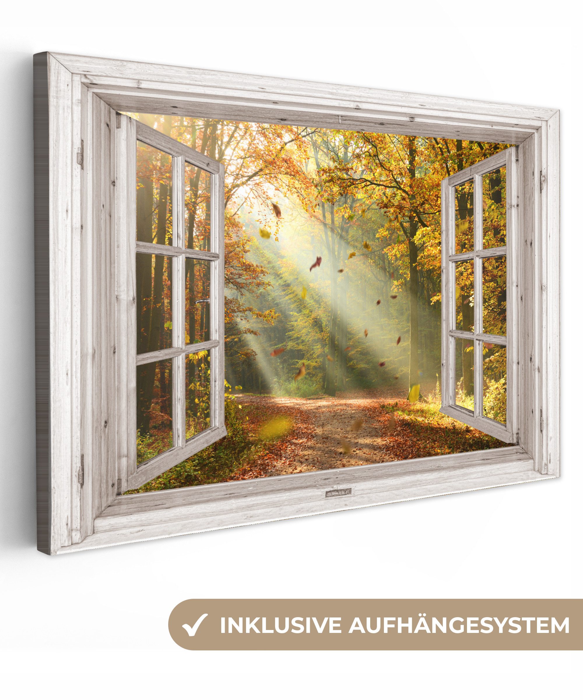 OneMillionCanvasses® Leinwandbild Wald - Bäume - Herbst - Sonne - Herbstblä günstig online kaufen