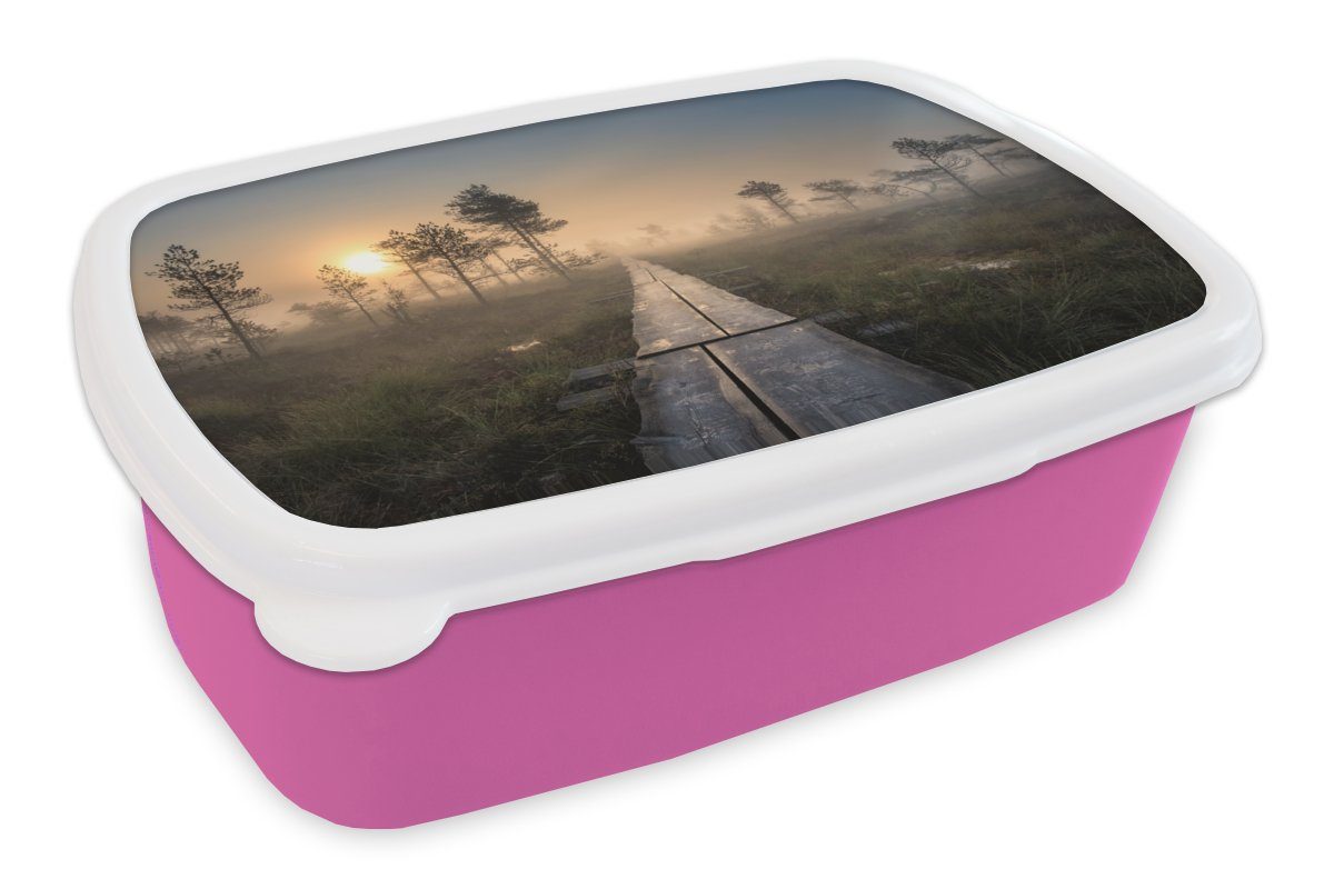 MuchoWow Lunchbox Wald - Sumpf - Baum, Kunststoff, (2-tlg), Brotbox für Erwachsene, Brotdose Kinder, Snackbox, Mädchen, Kunststoff rosa