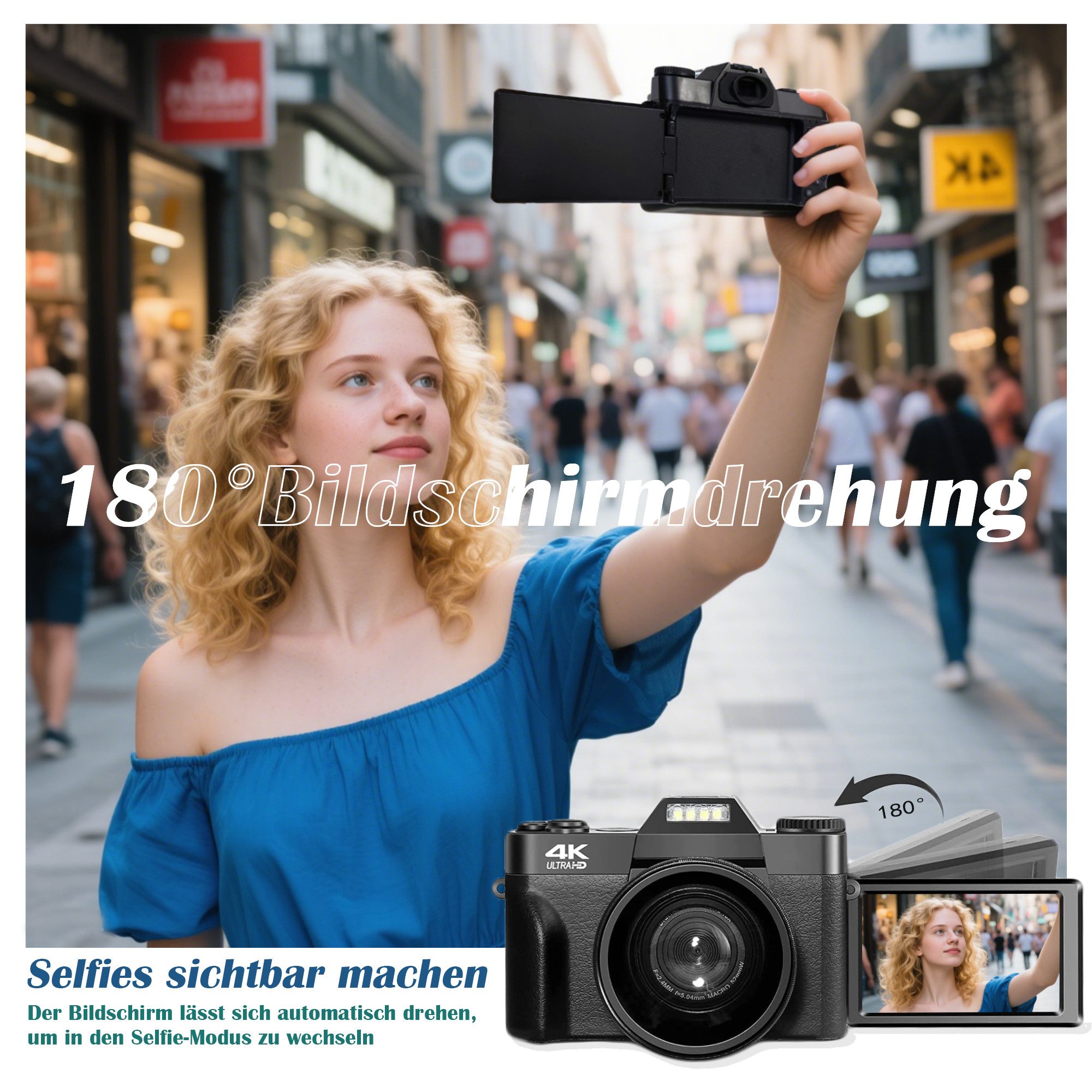 Fine Life Pro Digitalkamera 4K, Fotokamera mit 180° Flip 3.0" Bildschirm Kompaktkamera (48 MP, Kompaktkamera mit 64GB TF-Karte, WiFi-Funktionalität)