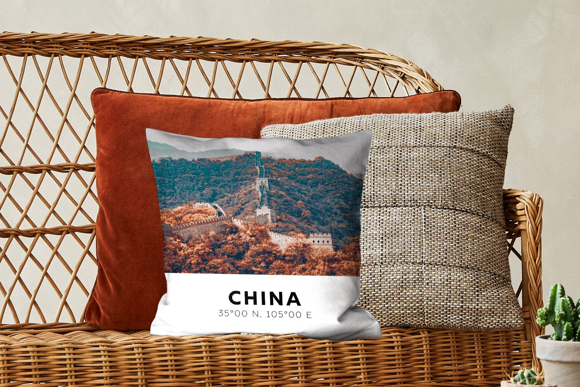 Füllung China mit Deko, Herbst, Große Mauer MuchoWow - Sofakissen Schlafzimmer, Dekokissen für Wohzimmer, Zierkissen -