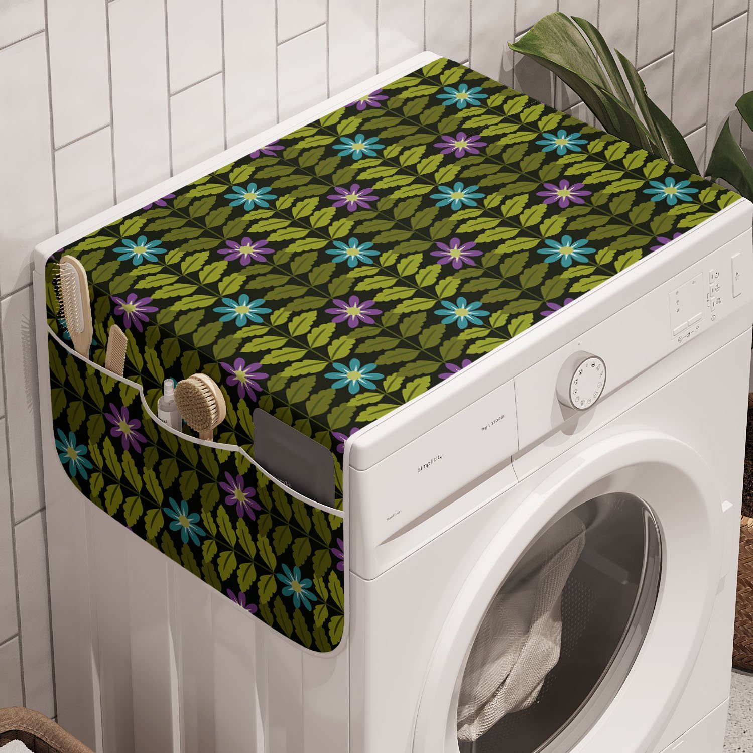Abakuhaus Badorganizer Anti-Rutsch-Stoffabdeckung für Waschmaschine und Trockner, Blumen Blau und lila Blüten