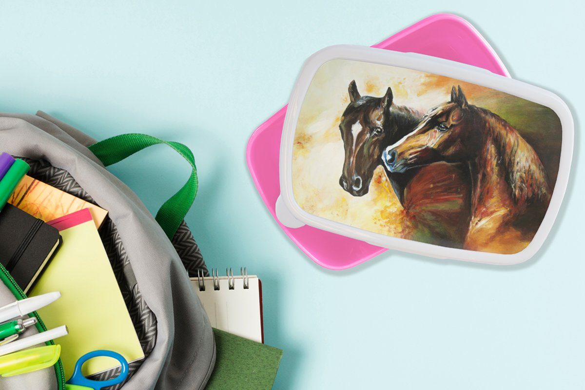 Tiere (2-tlg), Malerei Pferde Lunchbox Kinder, Kunststoff, Brotdose MuchoWow - - für Snackbox, Brotbox Ölgemälde, - Erwachsene, rosa Kunststoff Mädchen,
