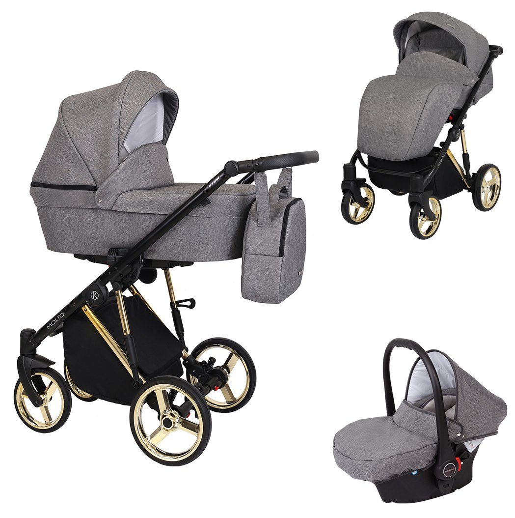 babies-on-wheels Kombi-Kinderwagen Molto Edition 3 in 1 inkl. Autositz -13 Teile- von Geburt bis 4 Jahre Grau = Gestell gold