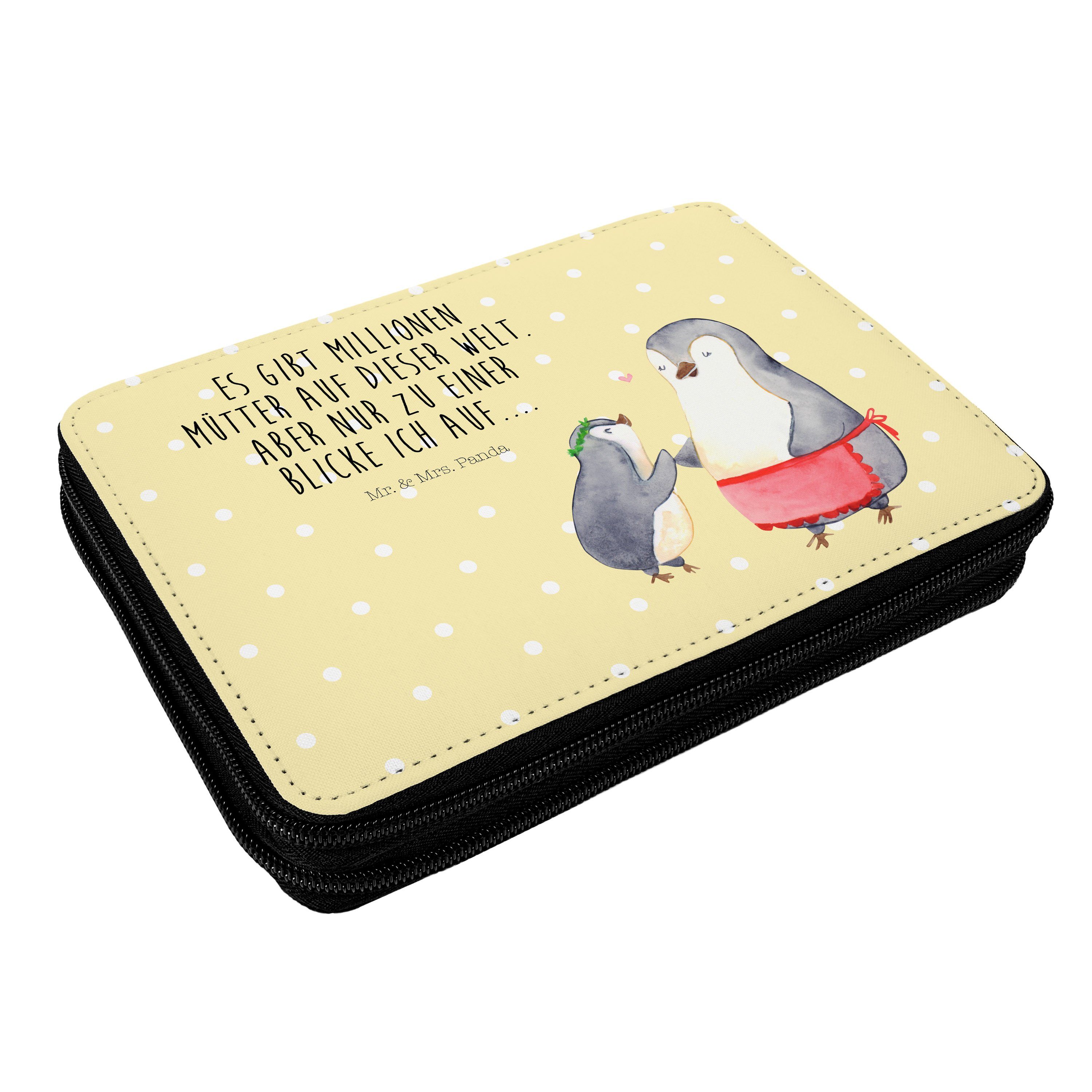 Mr. & Mrs. Panda Federmäppchen Pinguin mit Kind - Gelb Pastell - Geschenk, Federmappe, Mama, Papa, M, (1-tlg)