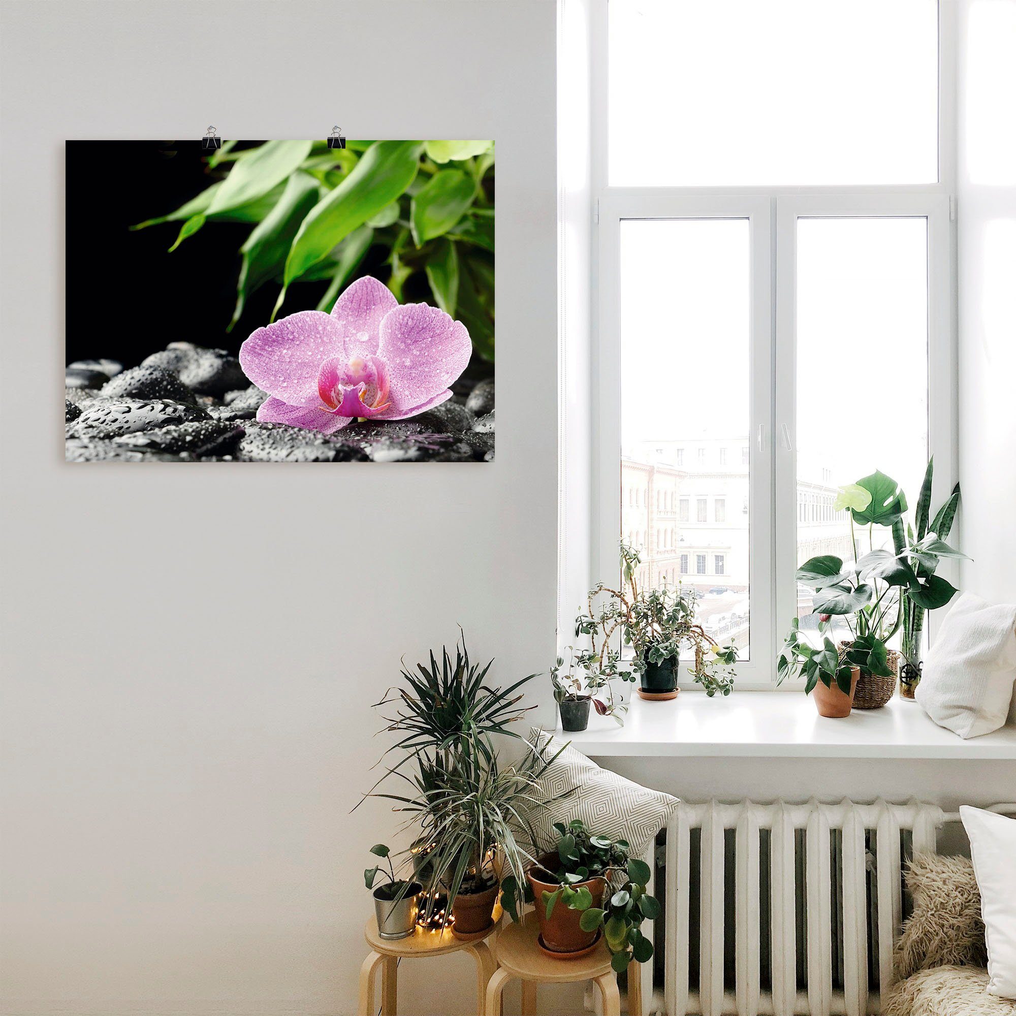 oder Steinen, Orchidee Zen Alubild, Größen Artland auf Leinwandbild, Poster schwarzen (1 Blumen in versch. Wandbild Wandaufkleber Rosa St), als