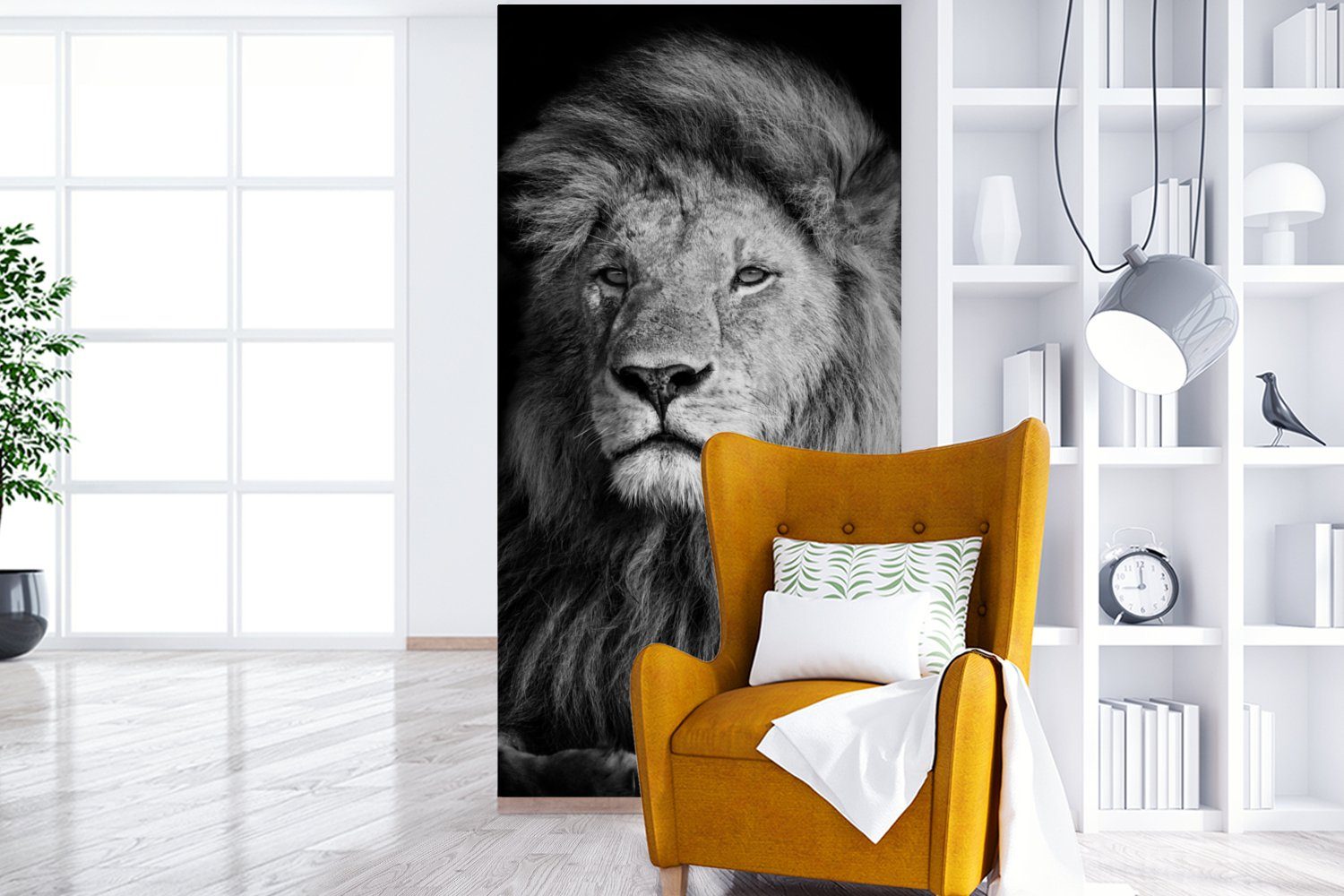(2 St), Wohnzimmer - Wildlife Löwe Weiß, für Fototapete Küche, - bedruckt, Vliestapete - Schwarz Fototapete Schlafzimmer MuchoWow Matt,