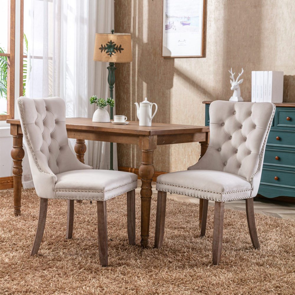 BBG Esszimmerstuhl 2er Set Esszimmerstühle Samt Chesterfield, bis 130 kg, French Style (Polsterstühle mit Knopfheftung & Ziernieten, Massivholz Rubberwood, 2 St), Hochlehner Dining Stuhl gepolstert