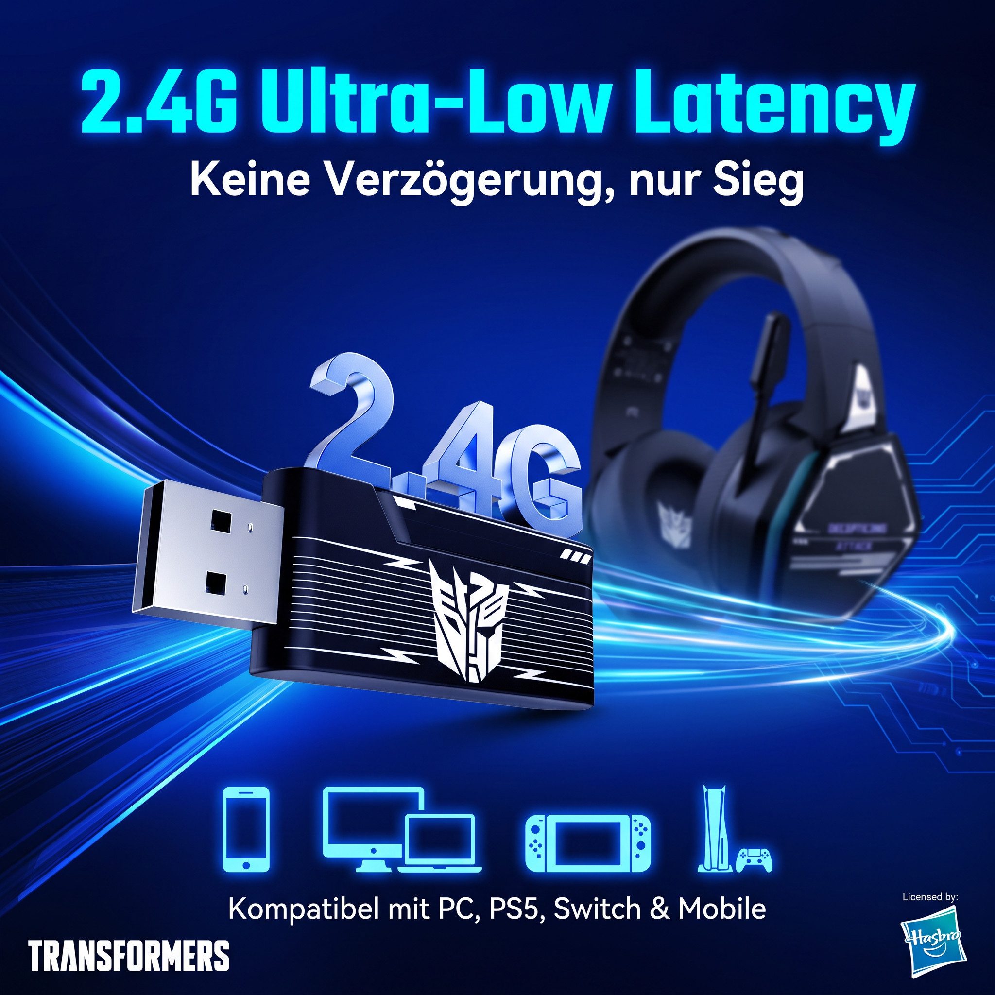 Rolipo 2.4G & Bluetooth 5.4 Kabelloses Gaming-Headset mit 7.1 Surround Sound Over-Ear-Kopfhörer (ca. 0,3kg, 215*111*240mm, Bluetooth, 50 mm Treiber, 30 h Akku – Latenzarm für PC, PS4, PS5, Switch)