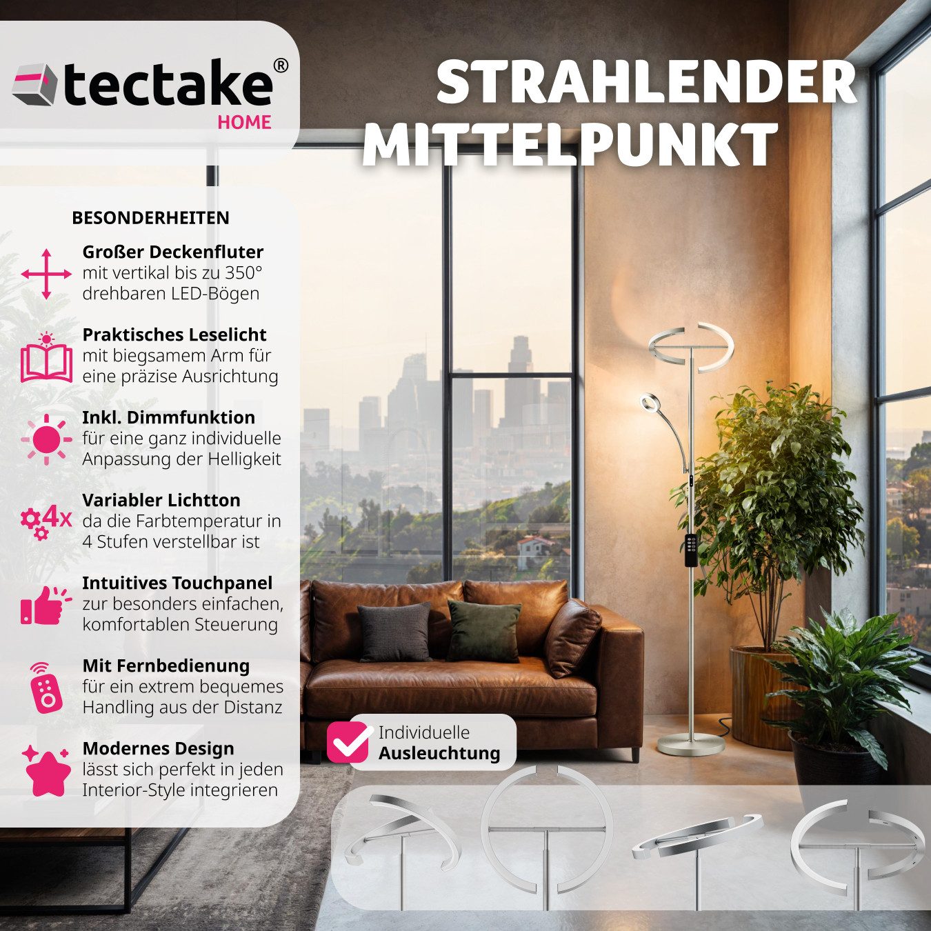tectake Stehlampe Deckenfluter, LED, Weiß, Moderner günstig online kaufen