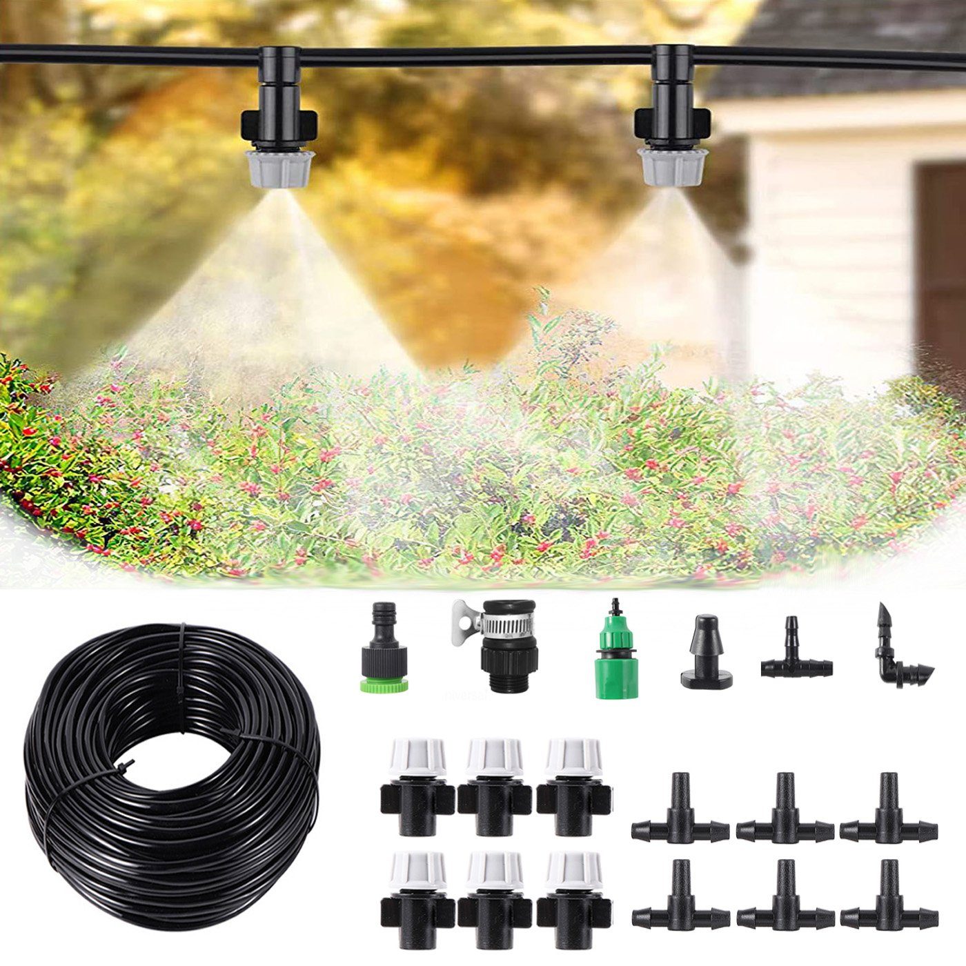 BTTO Bewässerungssystem Automatischer Bewässerungsmodus 5M/10M DIY-Tropfbewässerungsset, für Garten Gemüse Garten PflanzenNebelbewässerung, Kühlung