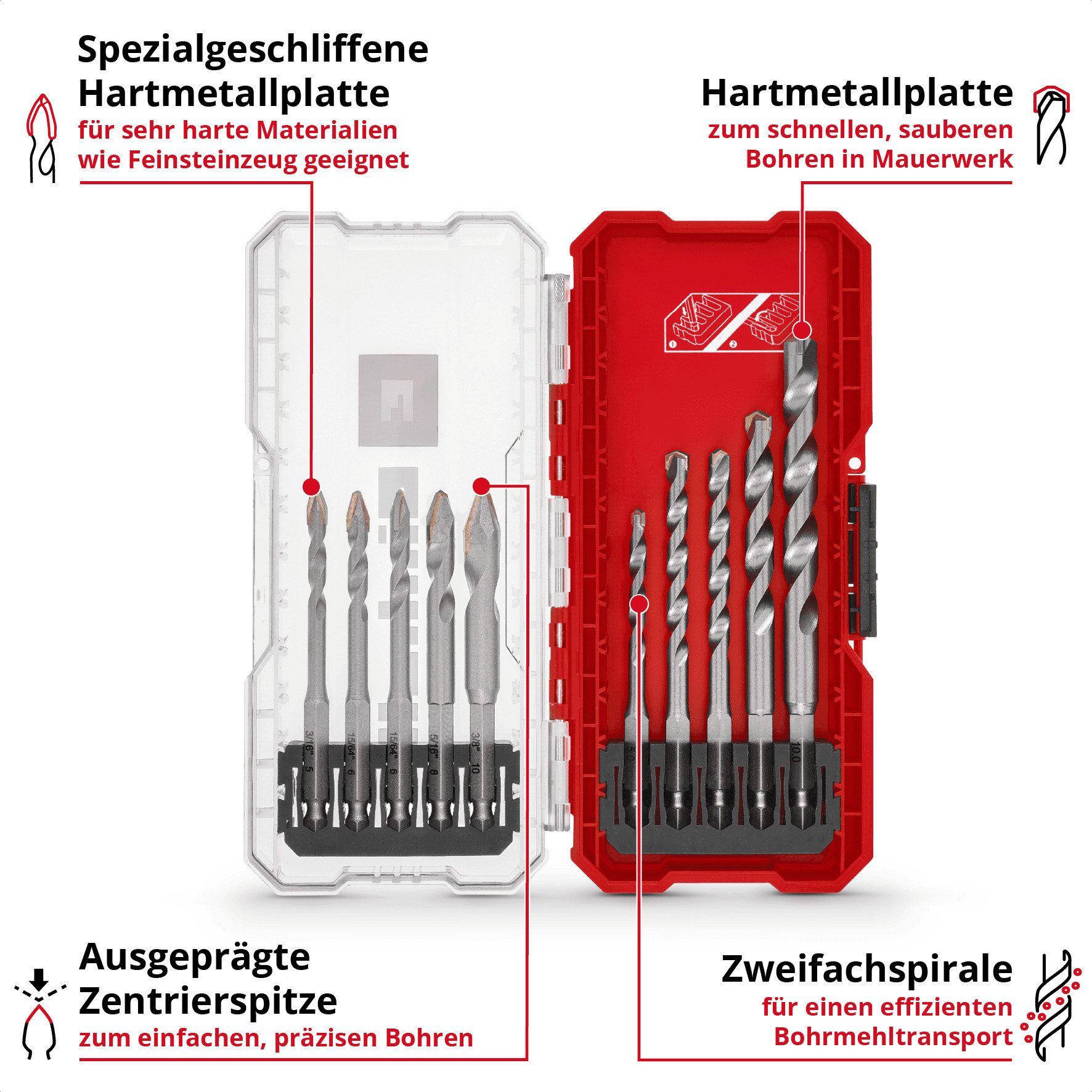 Einhell Bohrer- und Bit-Set Original Einhell S-CASE 10-tlg. HM-Fliesenbohrer-Set (aus Werkzeugstah, (5x Keramikbohrer (5 / 2x 6 / 8 / 10 mm), 5x Steinbohrer (5 / 2x 6 / 8 / 10 mm), 1x Aufbewahrungsbox (17,5 x 8,0 x 3,5 cm), 10-tlg), S-CASE 10-tlg. HM-Fliesenbohrer-Set aus Werkzeugstahl
