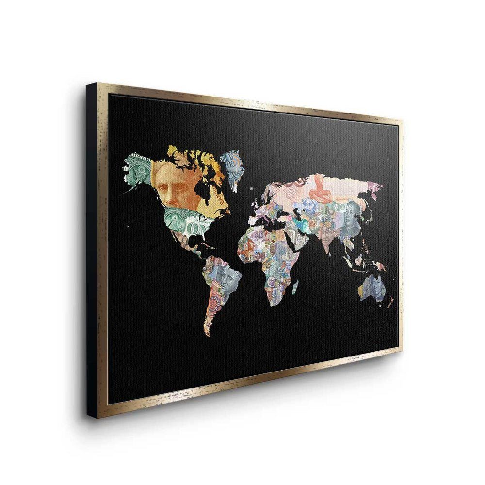 DOTCOMCANVAS® Leinwandbild, Leinwandbild Rahmen Black Welt Geld mit Motivation Edition regiert Hustle die goldener