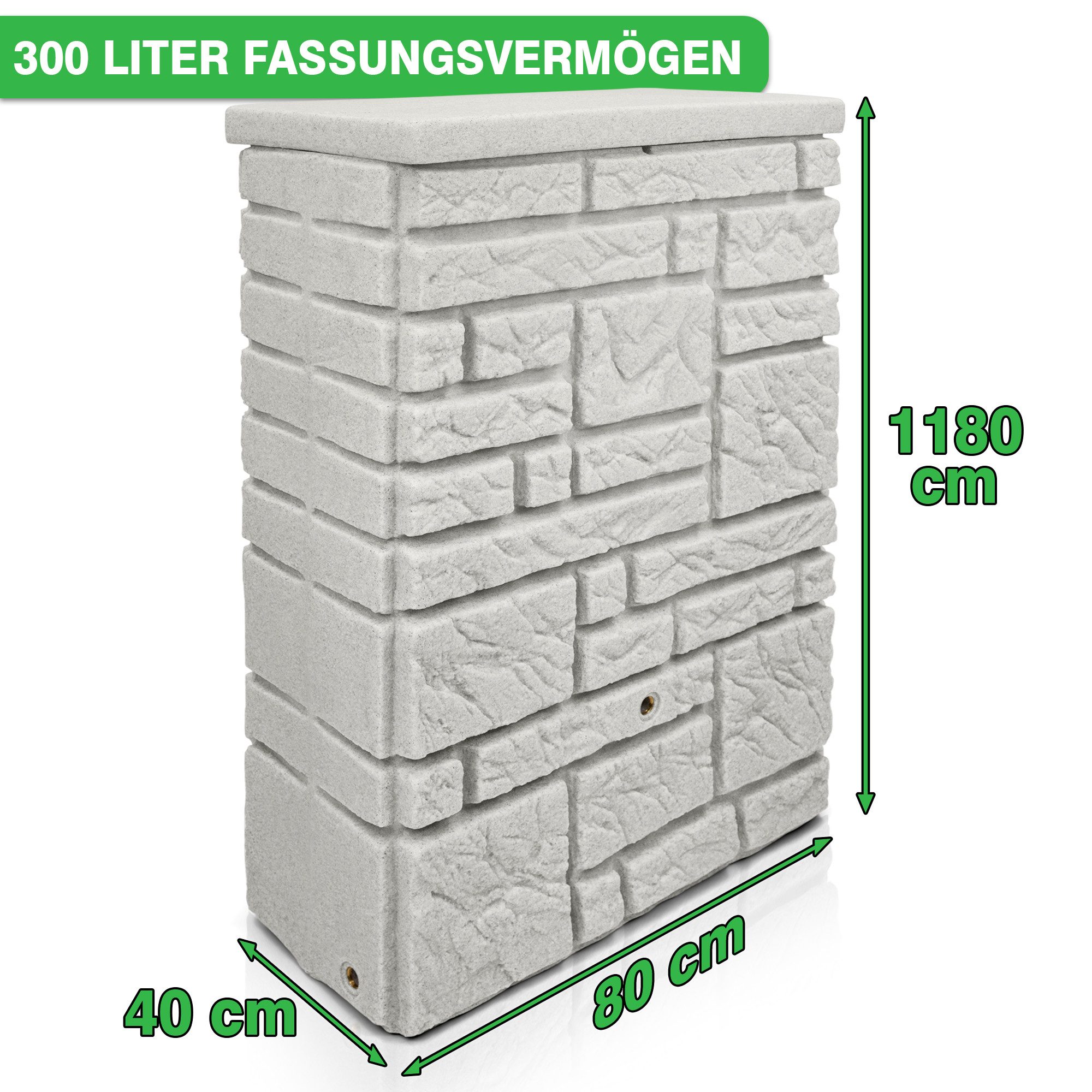 YourCasa Regentonne RMU300 StoneRain 300Liter, Steinoptik, Frostsicher, Metallgewinde, 80x40x118 cm,Deckel