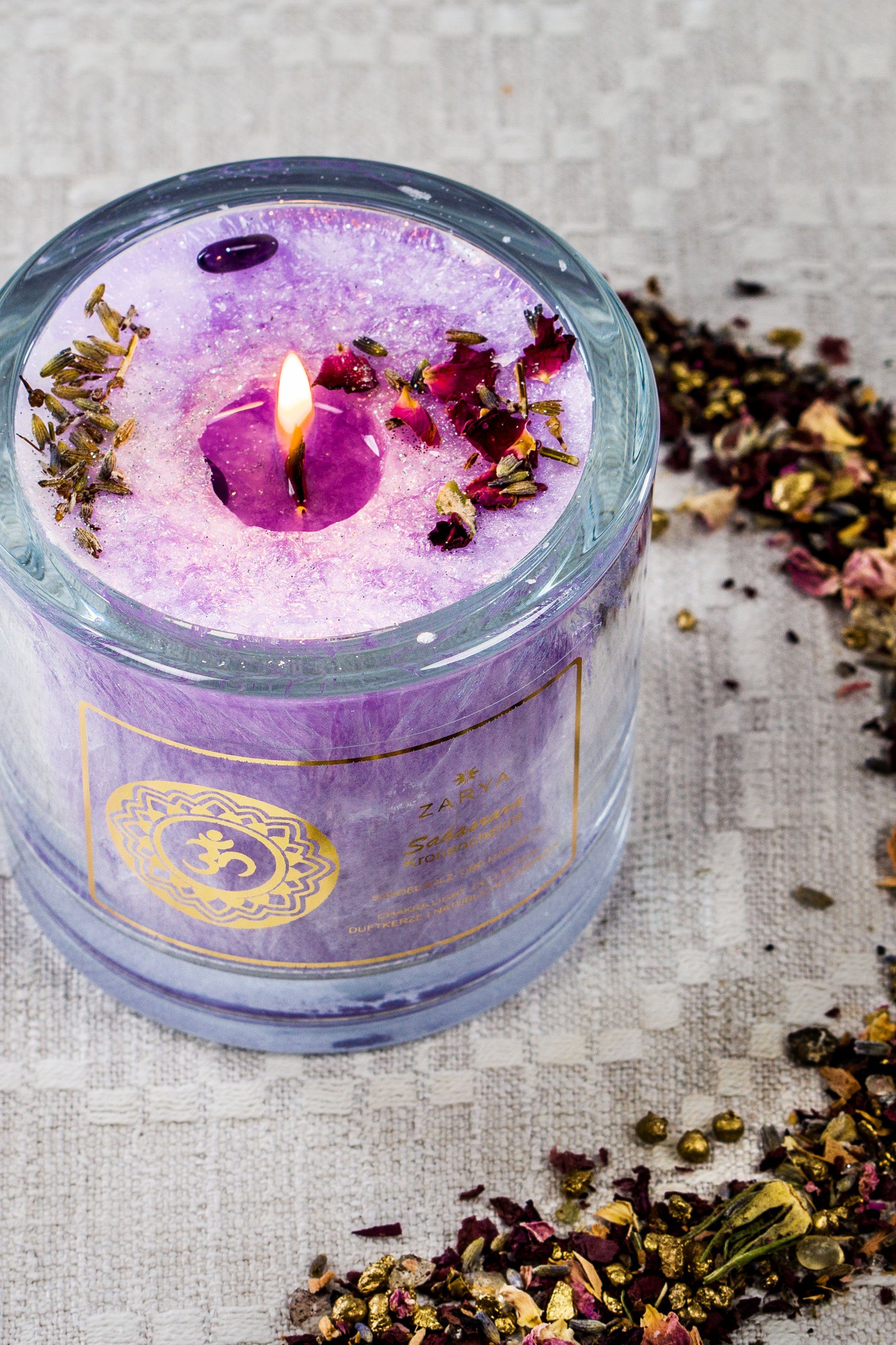 Violett mit aus edler chakrana Glasbehälter Duftkerze Chakra–Duftkerze Bio-Stearin, Geschenkverpackung