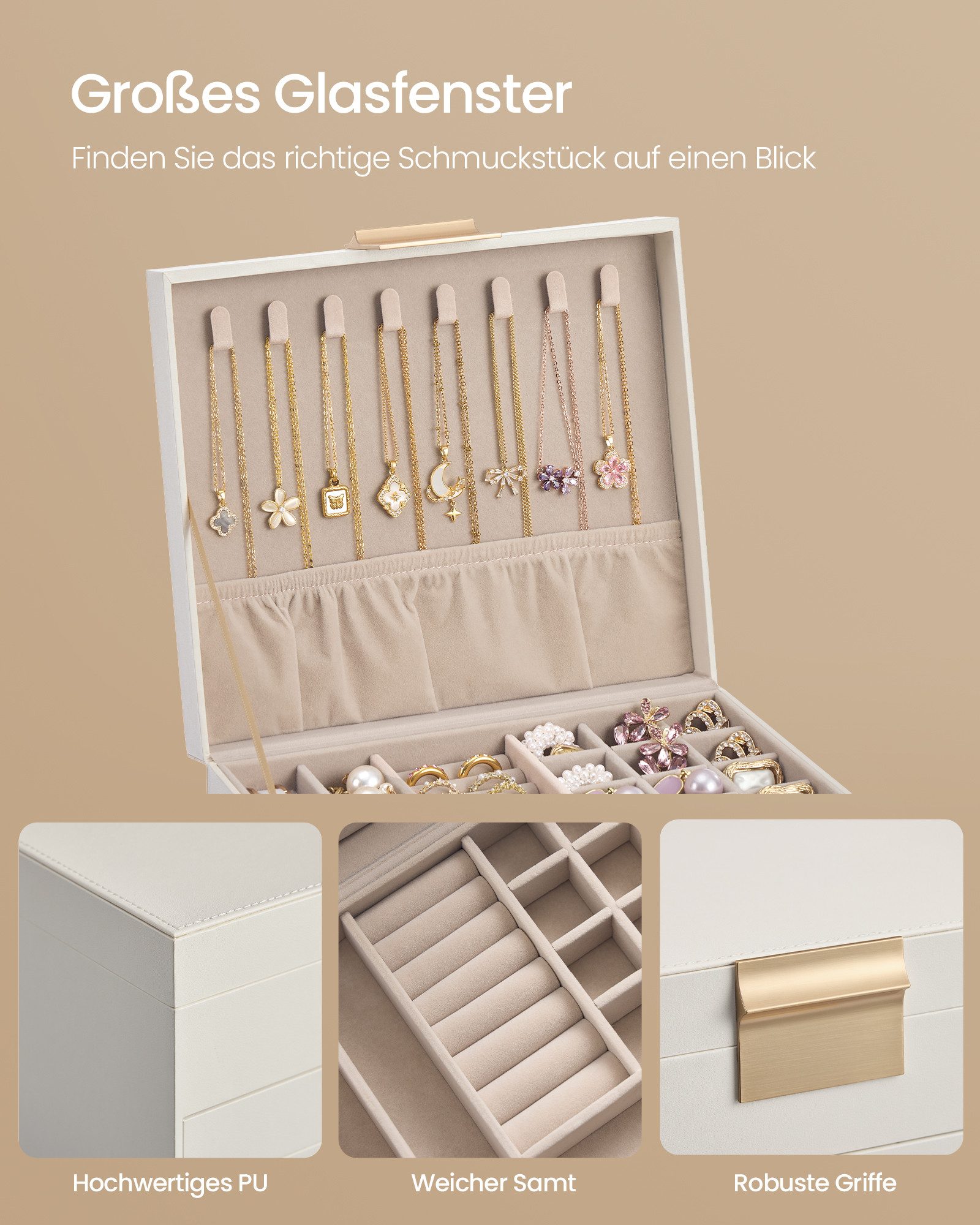 SONGMICS Schmuckkasten Schmuckkästchen, Schmuckbox mit Glasdeckel, wolkenweiß-golden, 3 Ebenen, 2 Schubladen, Schmuckaufbewahrung, 20,3 x 23,1 x 13,5 cm – Bild 4 von 5