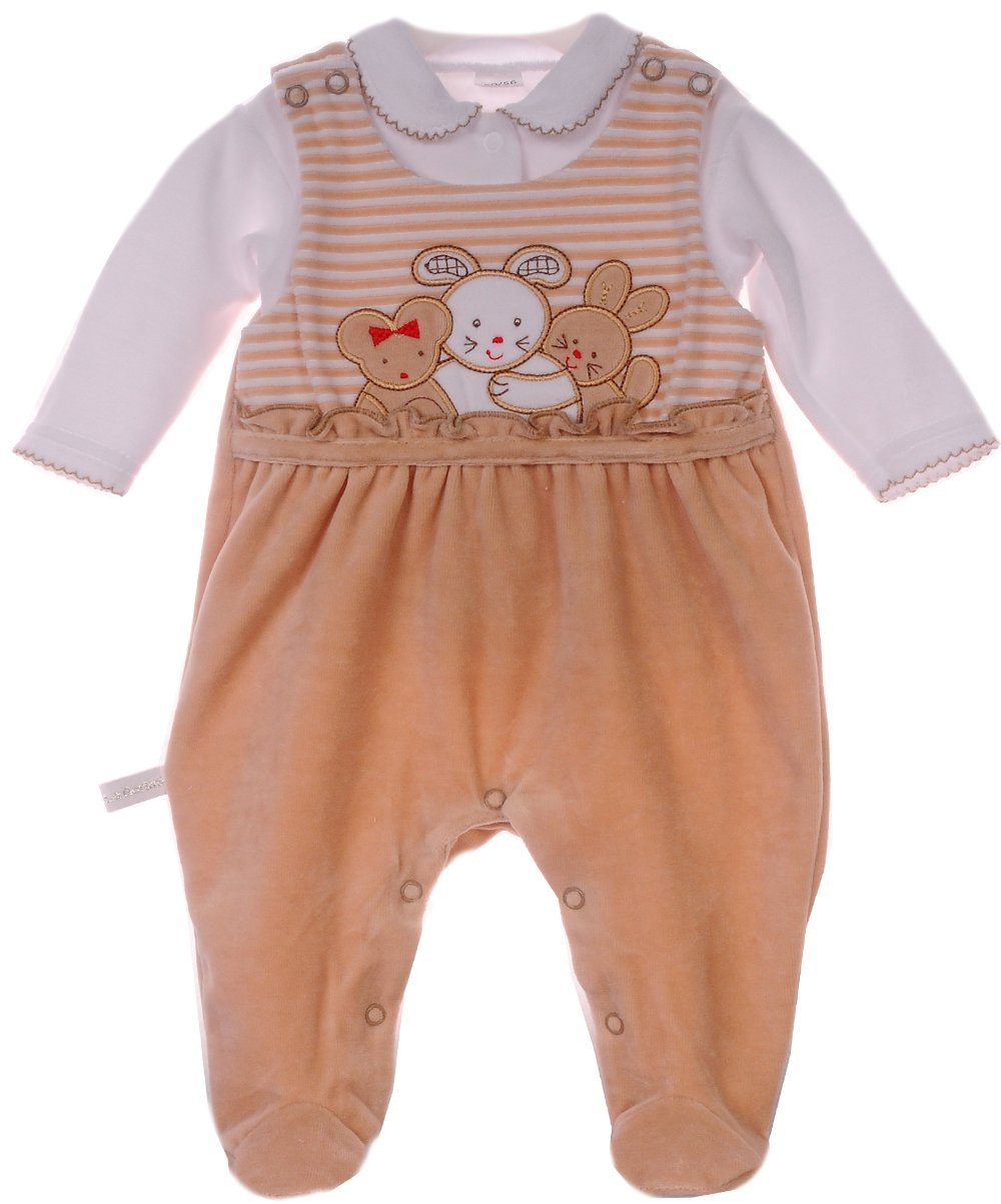La Bortini Strampler Baby Anzug Hemdchen und Stramplerhose in Beige mit Tieren aus weichem Velours, 44 50 56 62 68