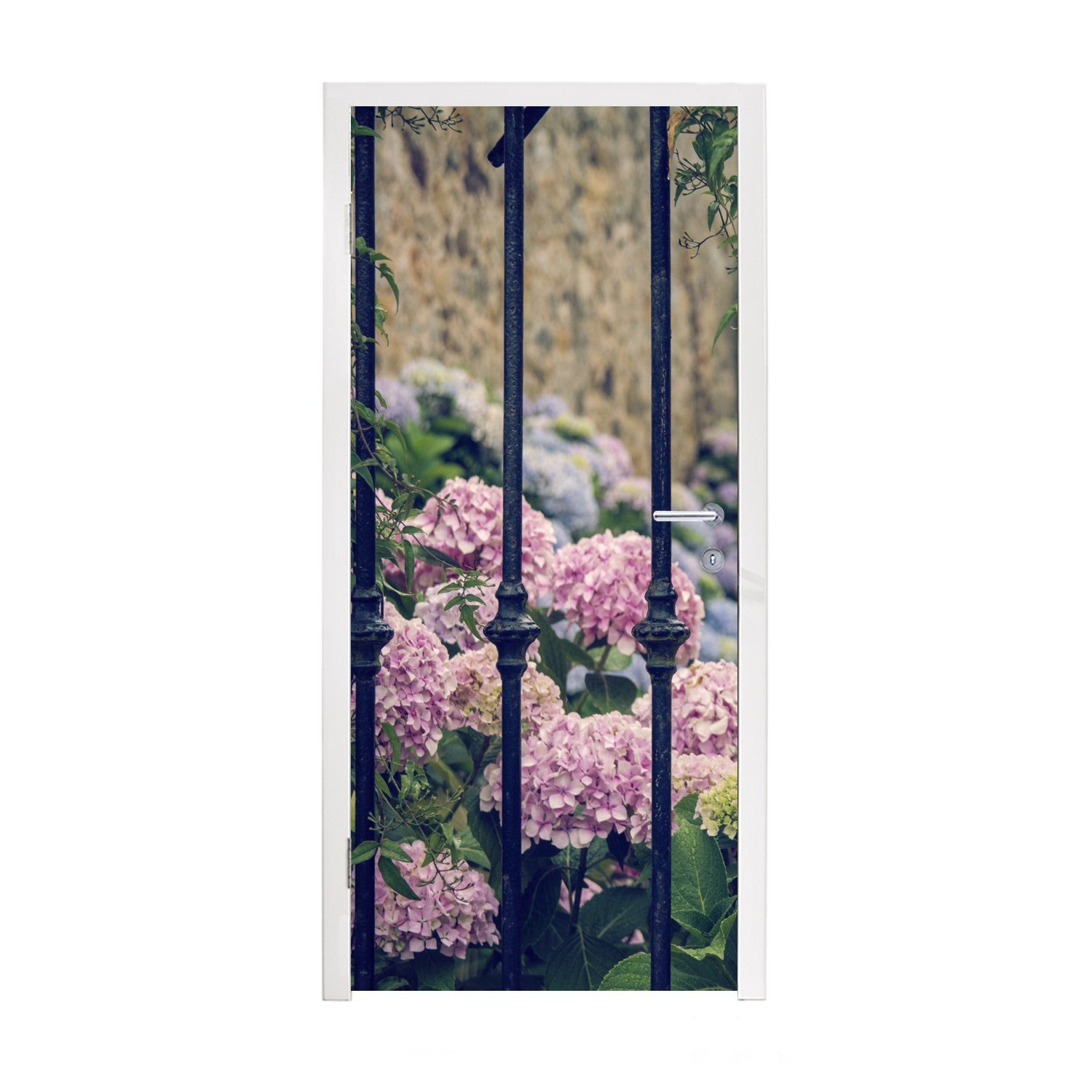 MuchoWow Türtapete Hortensiensträucher hinter dem Zaun, Matt, bedruckt, (1 St), Fototapete für Tür, Türaufkleber, 75x205 cm