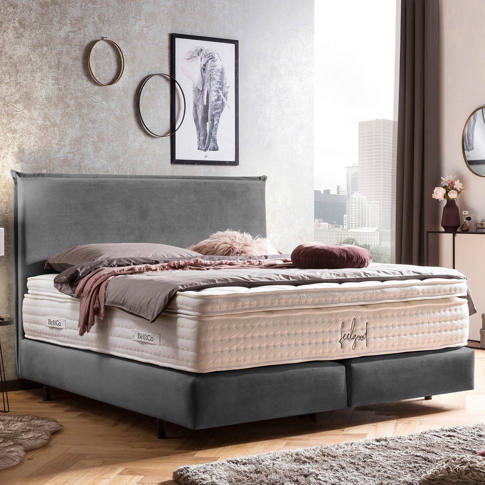 BettCo Boxspringbett London (140 x 200 cm, in Dunkelgrau Samt), Zeitloses-Design mit Biese + optionaler Topper, Schwebeoptik