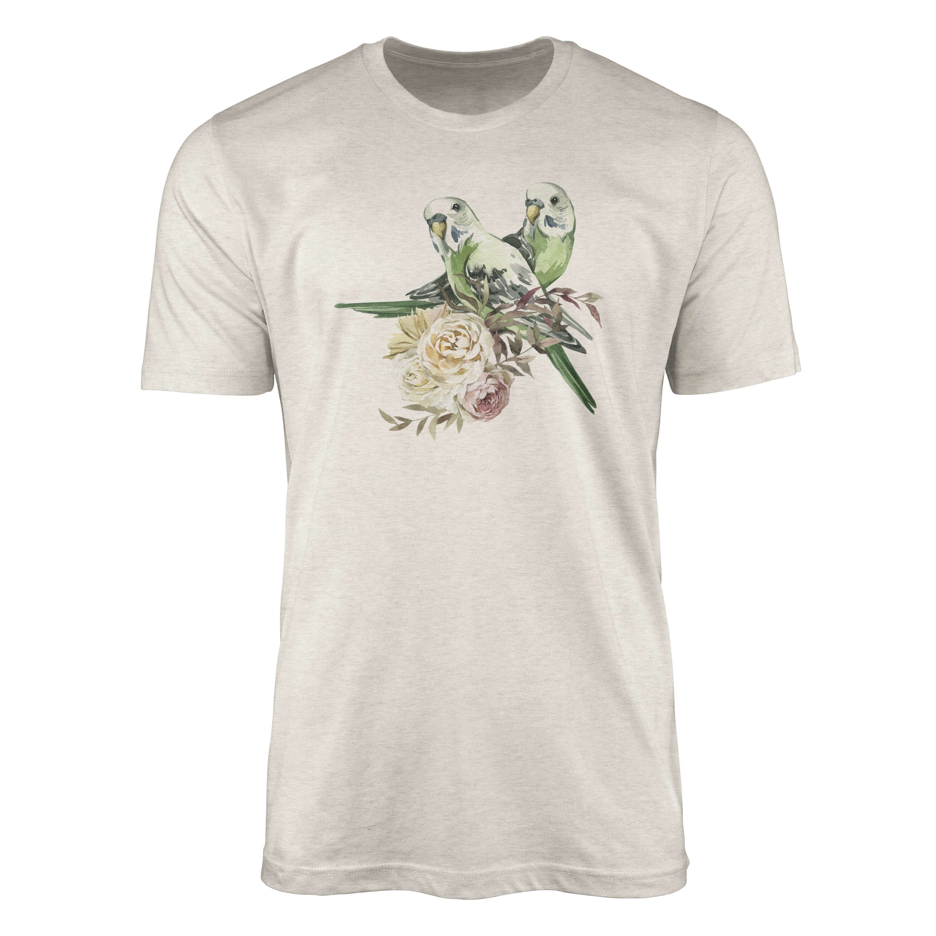 Sinus Art T-Shirt Herren Shirt Organic T-Shirt Aquarell Motiv Wellensittich Blumen Bio-Baumwolle Ökomode Nachhaltig F (1-tlg)