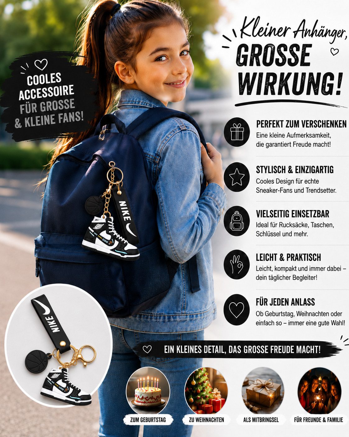 soma Schlüsselanhänger Sneaker-Rucksackanhänger Bag 6cm Basketball & Karabiner schwarz weiß (Set, 1-tlg., Geschenk-Set), Sportlicher Sneaker-Anhänger mit Basketball und Karabiner