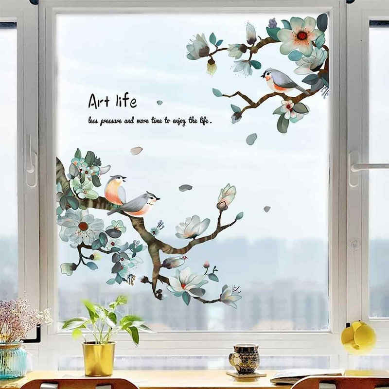 Juoungle Fensterbild 2 set Vögel auf Kirschblütenzweigen Fensteraufkleber,Fensterbild