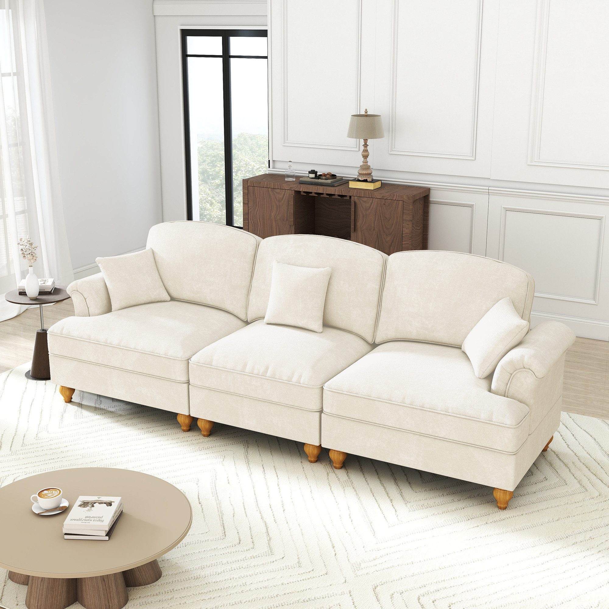 Odikalo Big-Sofa Ecksofa mit Schlaffunktion und Volant, Elegantes Mid-Century 2-3-4-5-Sitzer Sofa aus Chenille mit Trichter-Armlehnen, abnehmbarer Rüschenschürze & spindelförmigen Beinen – Komfortables Sofa fürs Wohnzimmer, Mehrfarbig