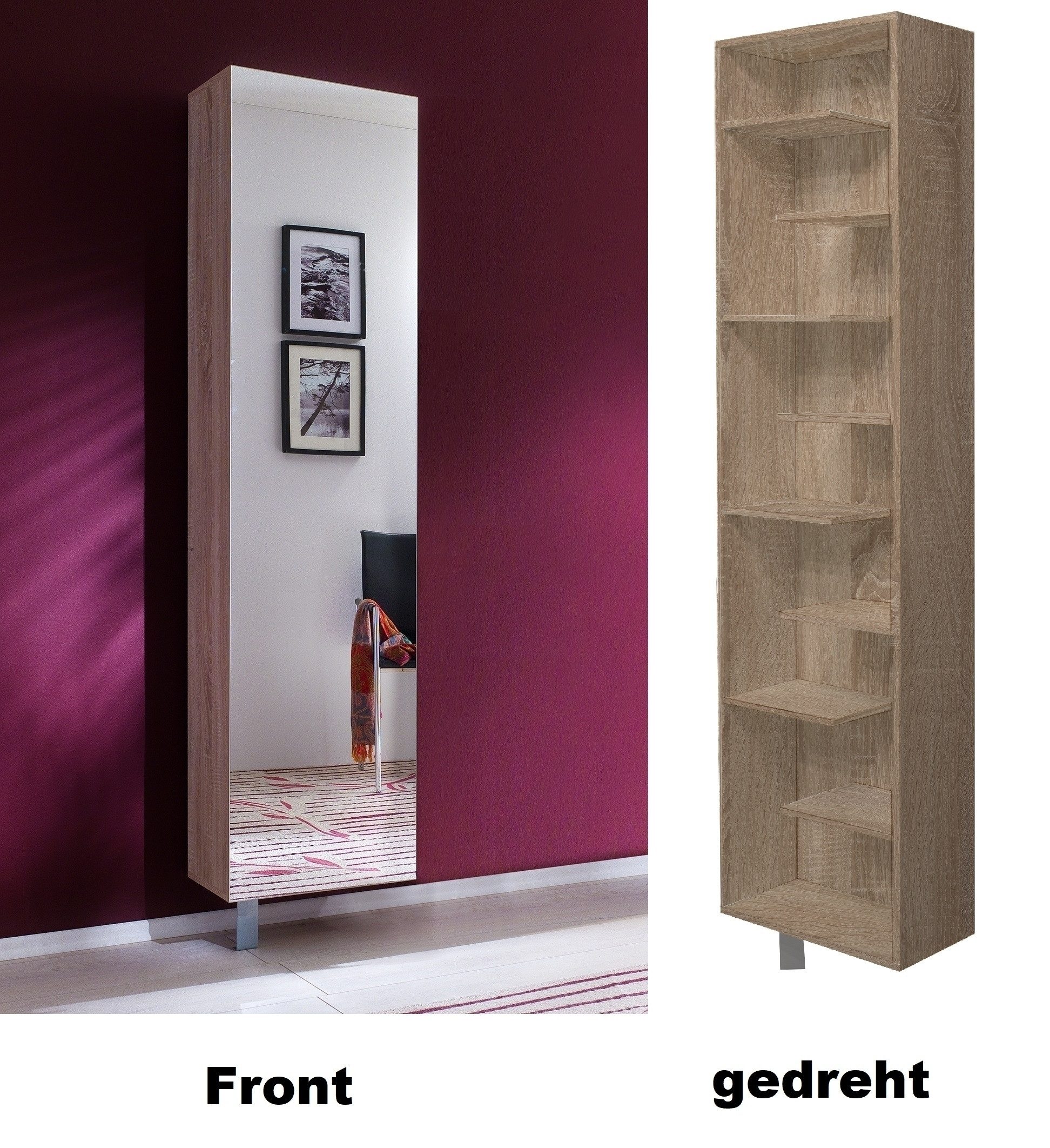 Mäusbacher Schuhschrank drehbar, eiche dekor sägerau / Spiegel - 45x189x25 (BxHxT)