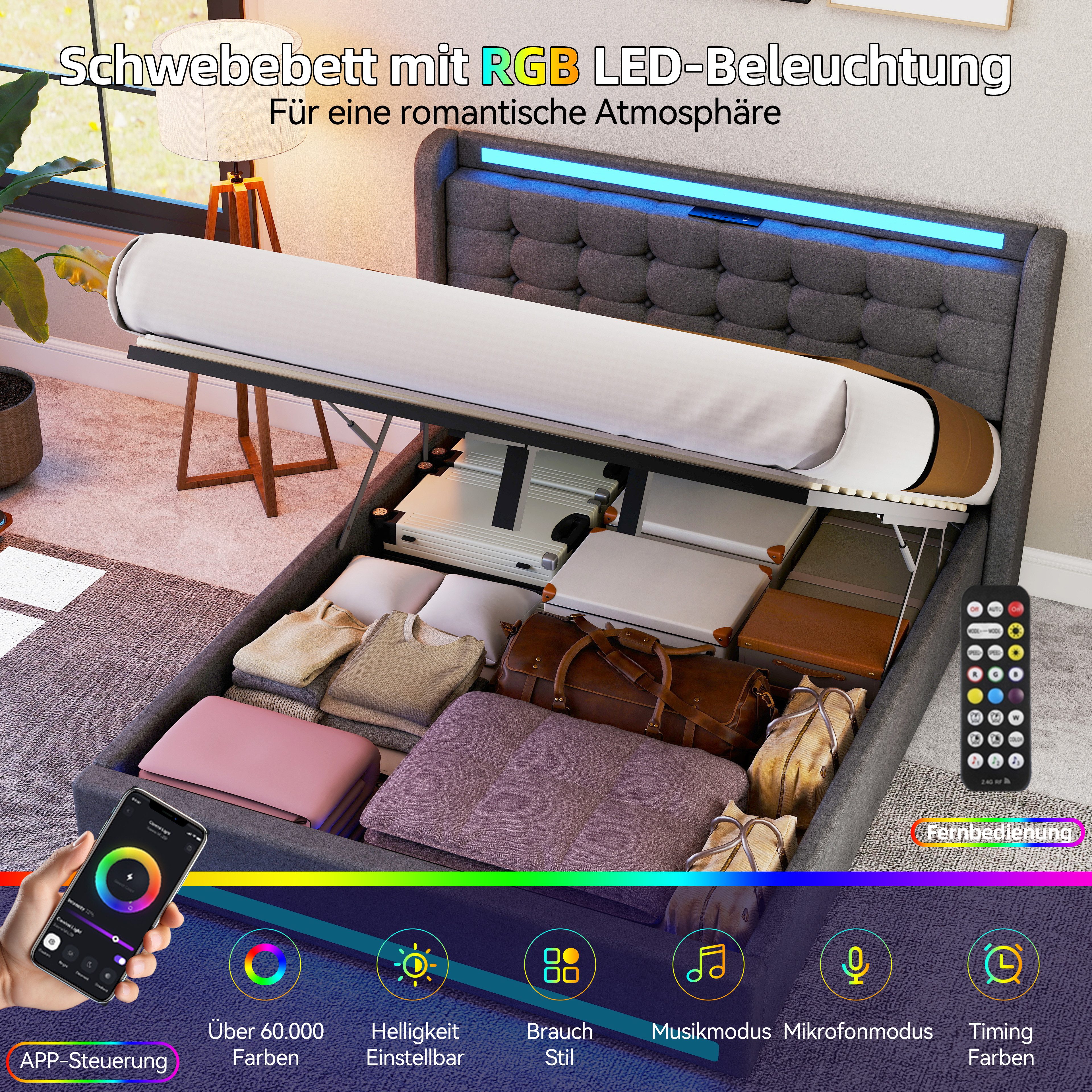 oyajia Stauraumbett LED Hydraulisches Doppelbett 140x200cm mit Ladefunktion (LED, USB- & Typ-C-Ladestation), 90/140/160 x200cm mit Ladefunktion