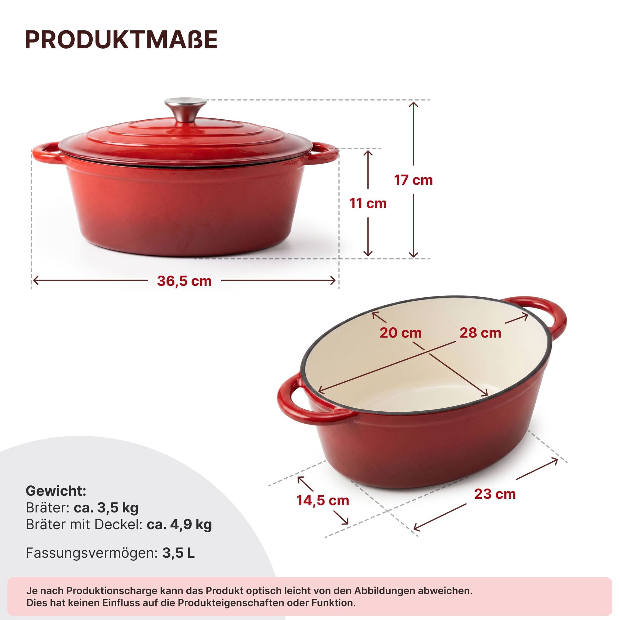 BIG-PAN Bräter Gusseisen Schmortopf 3,5 L oval Deckel emailliert Bratentopf Cocotte, Gusseisen (Topf Auflaufform Servierpfanne, Schmorpfanne Brotbacktopf), für  – Bild 2 von 5