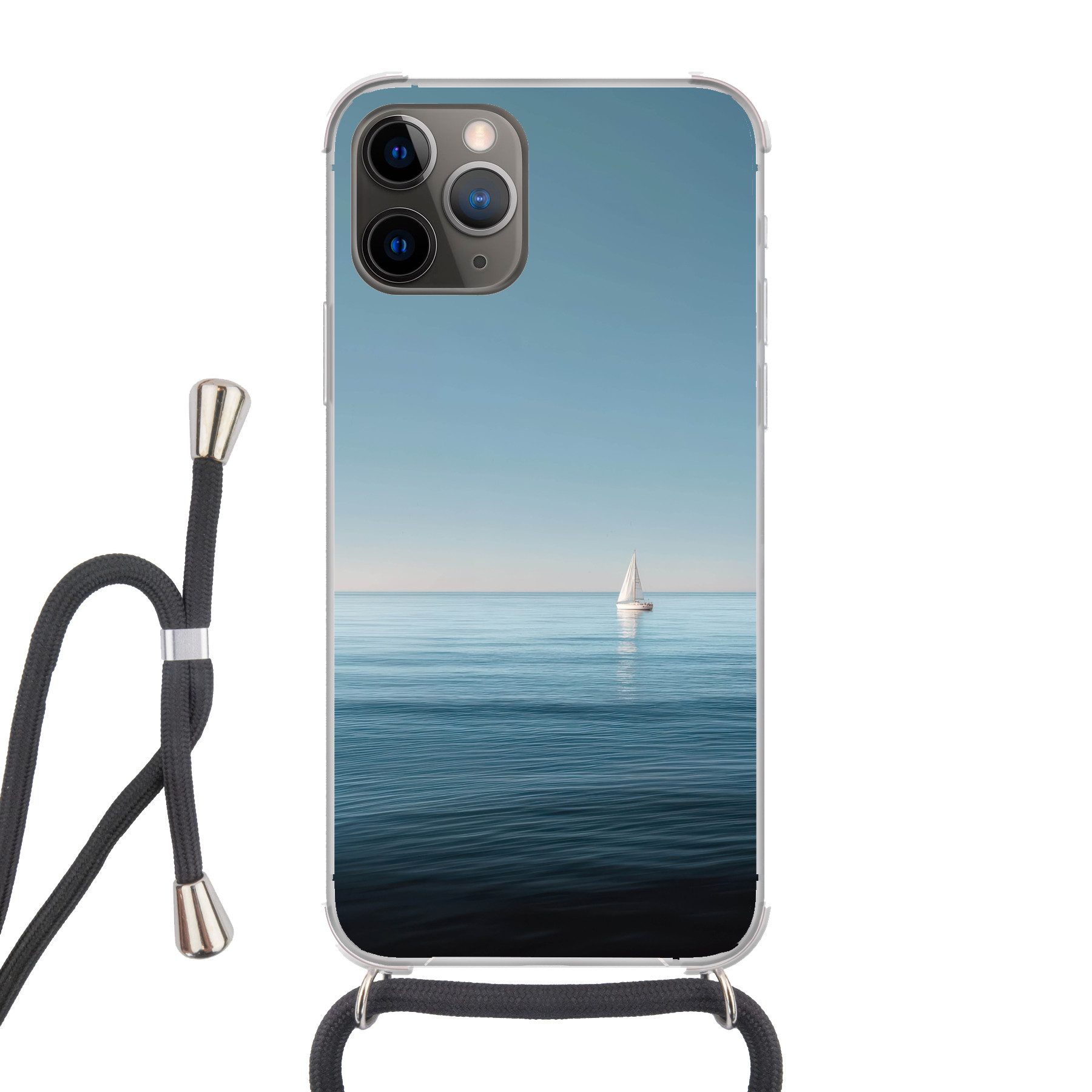 MuchoWow Handyhülle für Apple iPhone 12 Pro Segelboot - Ruhige See - Strahlend blauer Himm, Tragbare Handyhüllen mit Kette zum umhängen, Handykette Handyband
