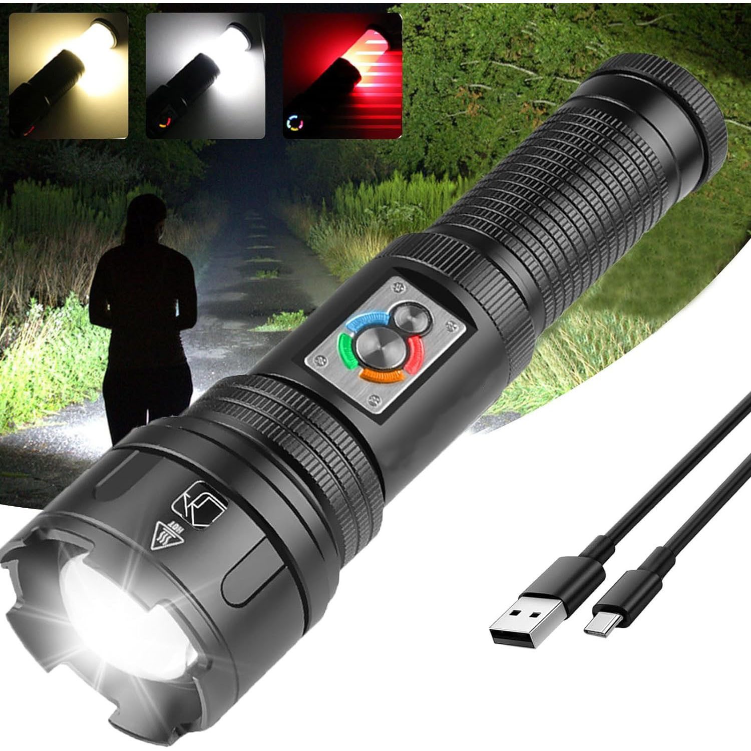 JOEAIS LED Taschenlampe USB Aufladbar Flashlight Taktische Taschenlampen Handlampe 100000 Lume (AAA-Batterien Ladekabel), 7 Lichtmodi Wasserdichte IPX7 Akku Tragbarer für Outdoor Camping