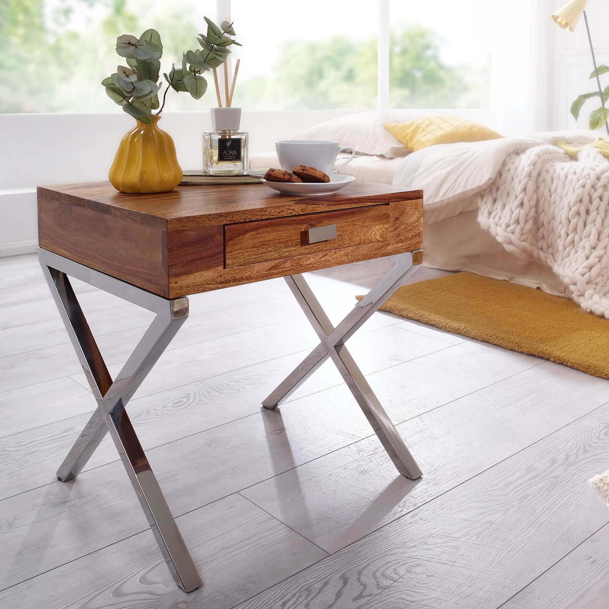 KADIMA DESIGN Nachttisch Nachttisch GUNA Massiv-Holz Nacht-Kommode 45 cm 1 Schublade Landhaus (dunkel-braun Nacht-Konsole Natur-Produkt Schlafzimmer-Möbel), mit Metallbeine Nachtschrank Landhaus-Stil Echt-Holz Nachtkästchen