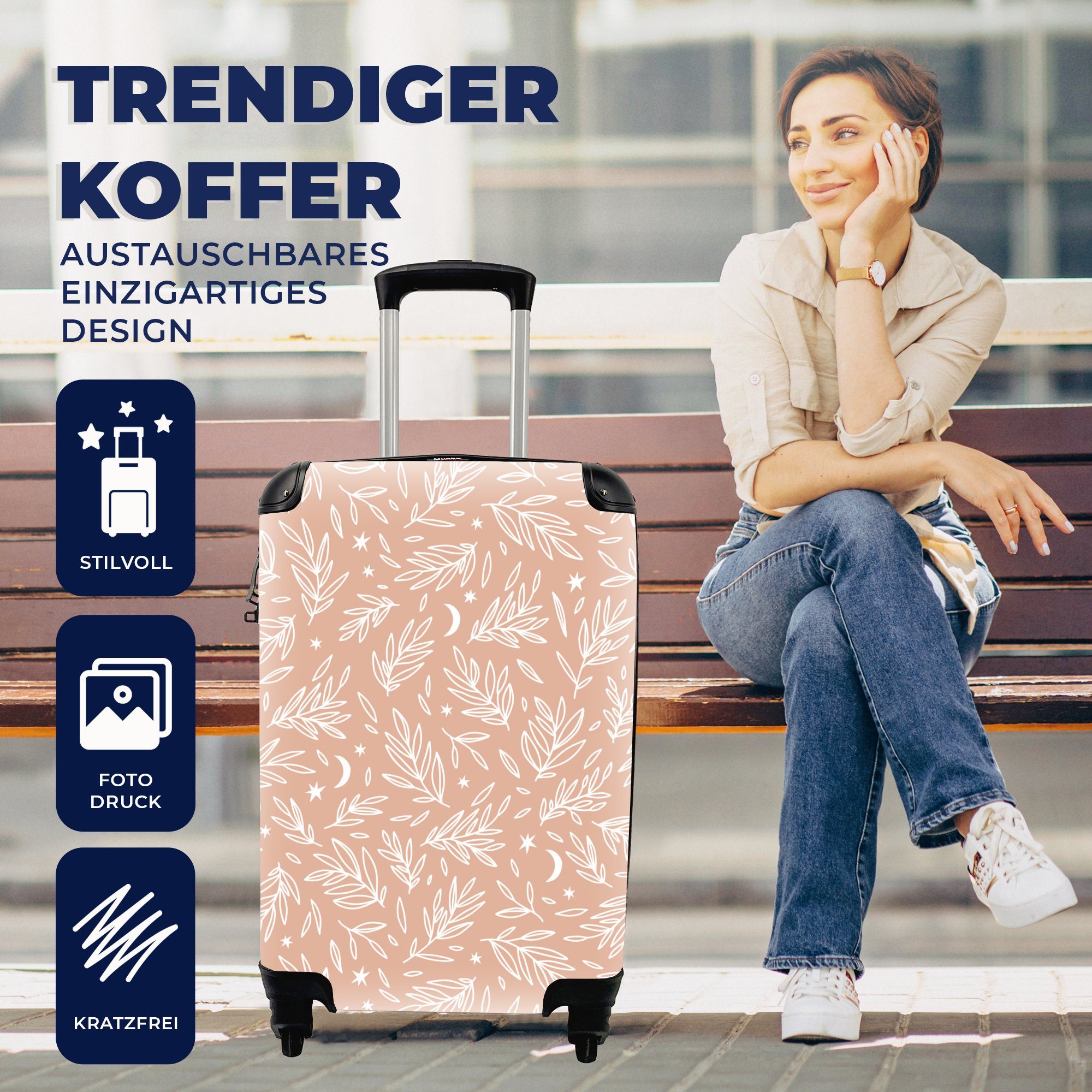 - Trolley, MuchoWow Handgepäckkoffer Reisetasche Blätter, für Muster 4 Rollen, Ferien, mit Handgepäck - Rosa Reisekoffer rollen,