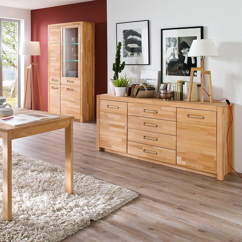 Lomadox Esszimmer-Set FOSSANO-06, (Spar-Set, 2-St., Sideboard Vitrine), in Kernbuche massiv geölt, inkl. LED-Beleuchtung