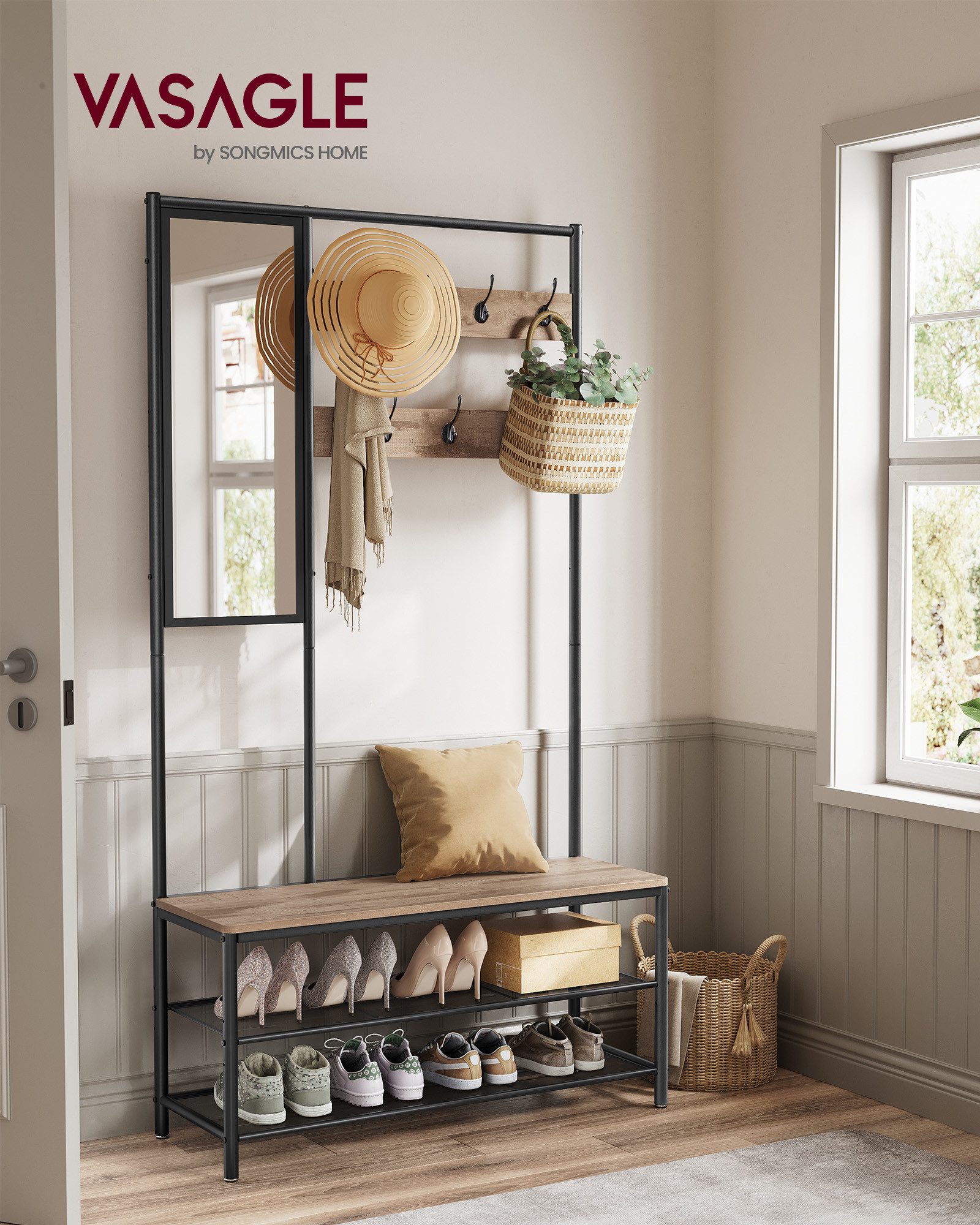 VASAGLE Garderobenständer Garderobe, mit 7 Haken, Spiegel, 35 x 98 x 180 cm günstig online kaufen