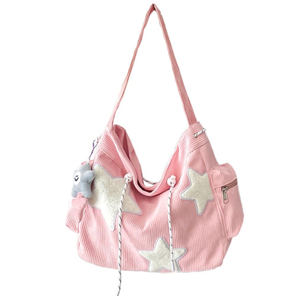 Agger Schultertasche Damen Umhängetasche aus Cord mit Sternendesign,fester Schultergurt, Henkeltasche,Süße Umhängetasche ästhetische Messenger Bag